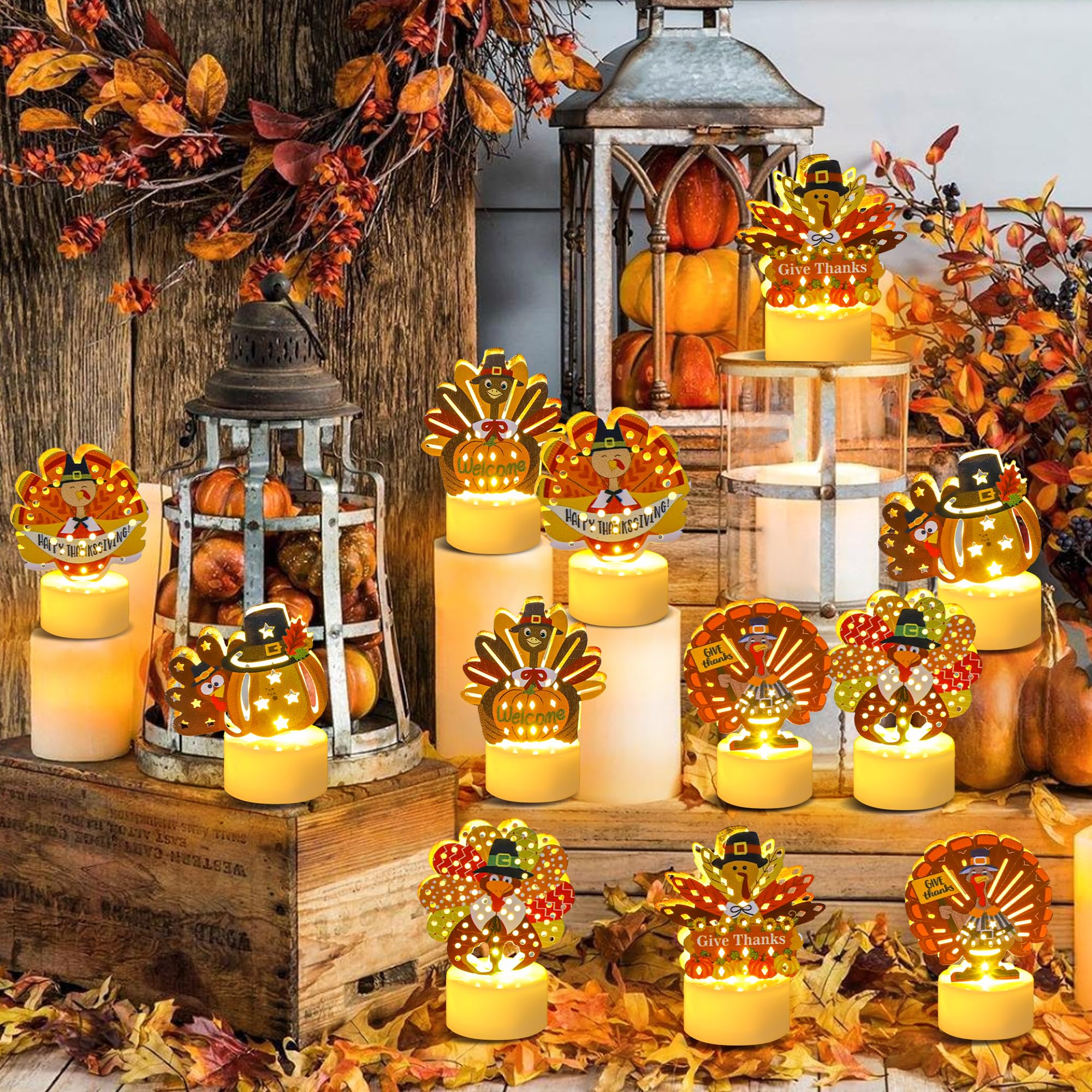 Sakayo 12 Pcs Turkey Tea Lights Candles Battery Operated Thanksgiving Led Flameless Tealight Candles, Cute Thanksgiving Table De