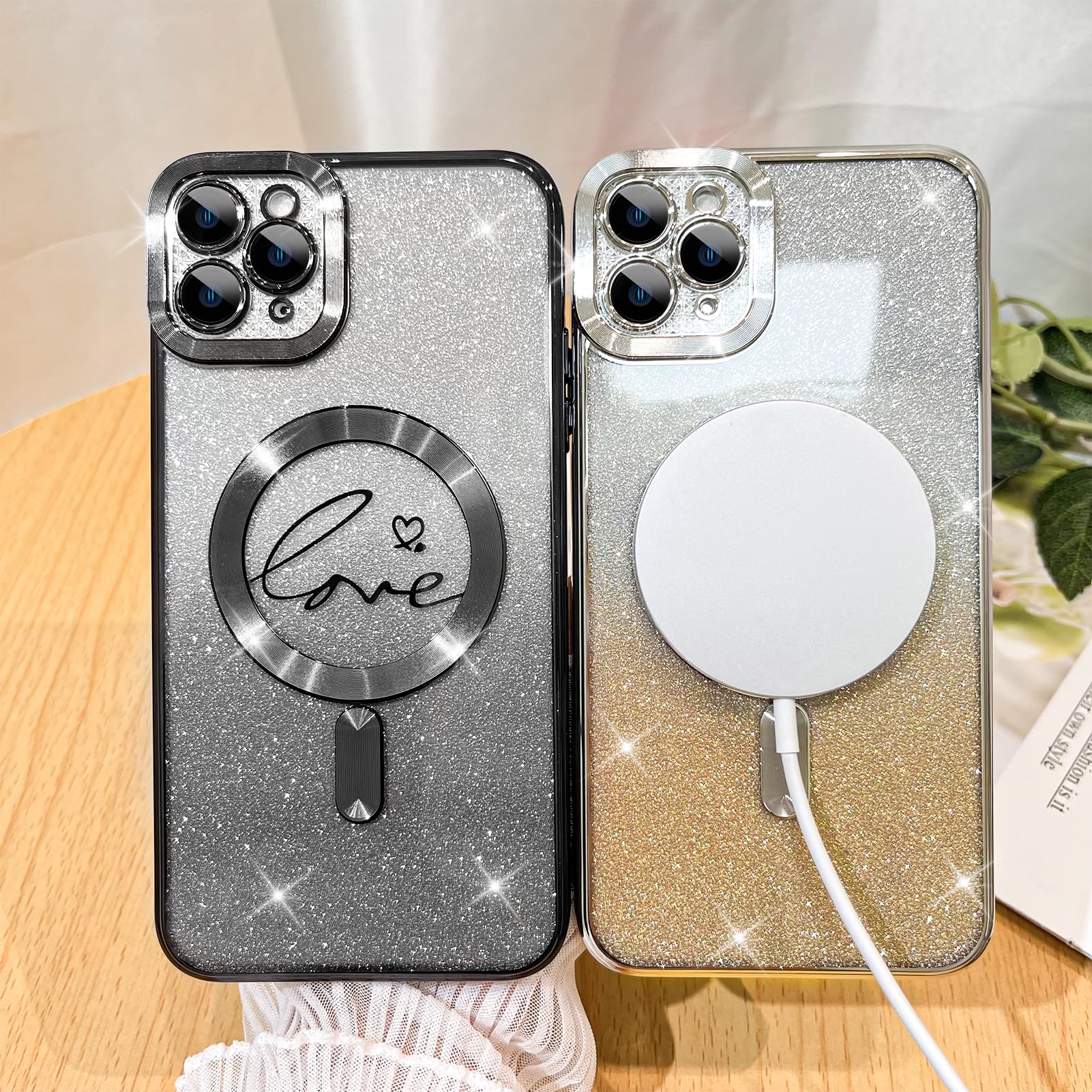 Fiyart Compatible With Iphone 11 Pro Max Case,Compatible With Magsafe Love Heart Plating Camera Protection Clear Phone Case, Mag