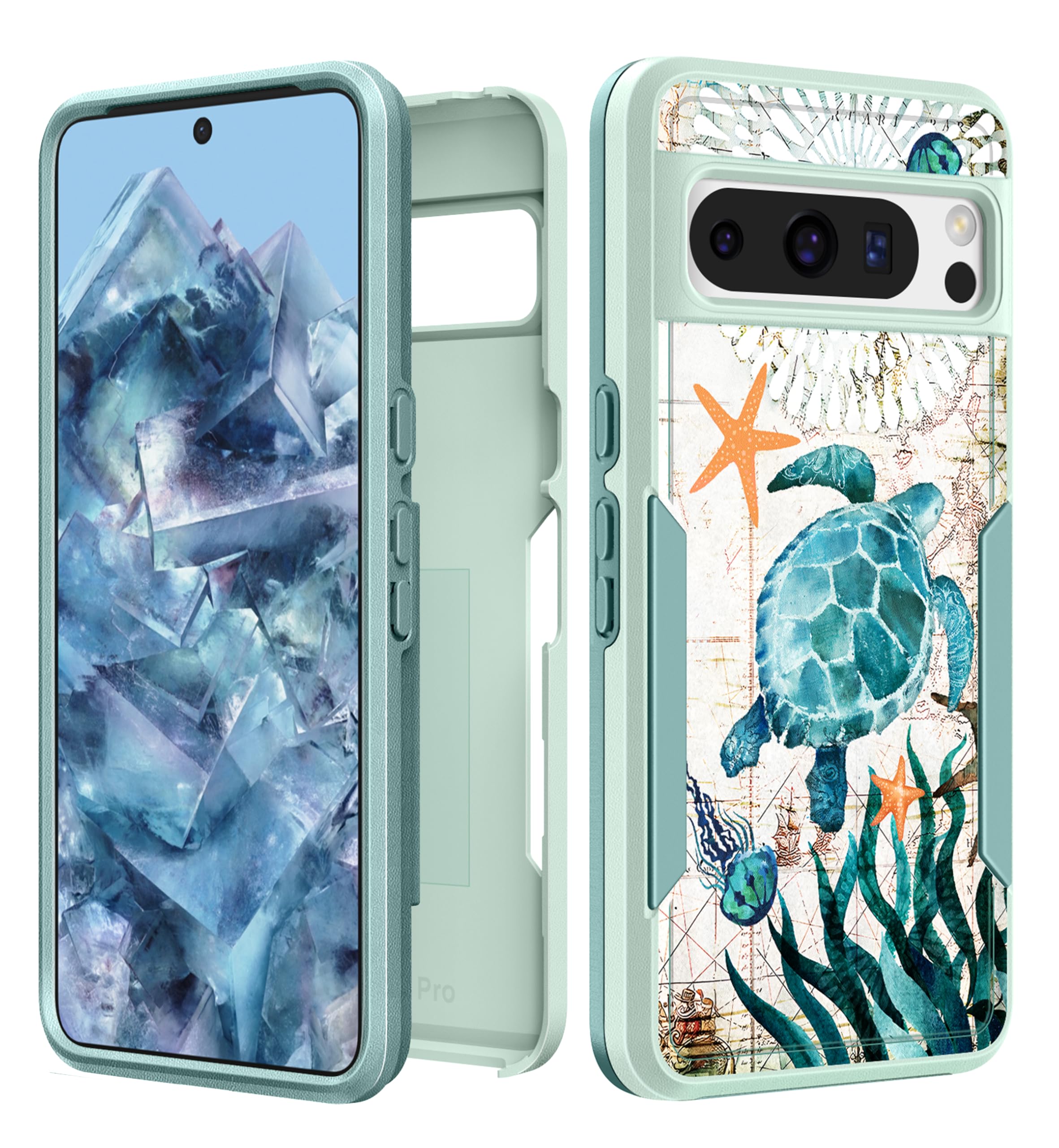 Plakill for Google Pixel 8 Pro Case Women - Cute Girls Cover Kawaii Girly Aesthetic Unique Design Turtles Heavy Duty Protective 