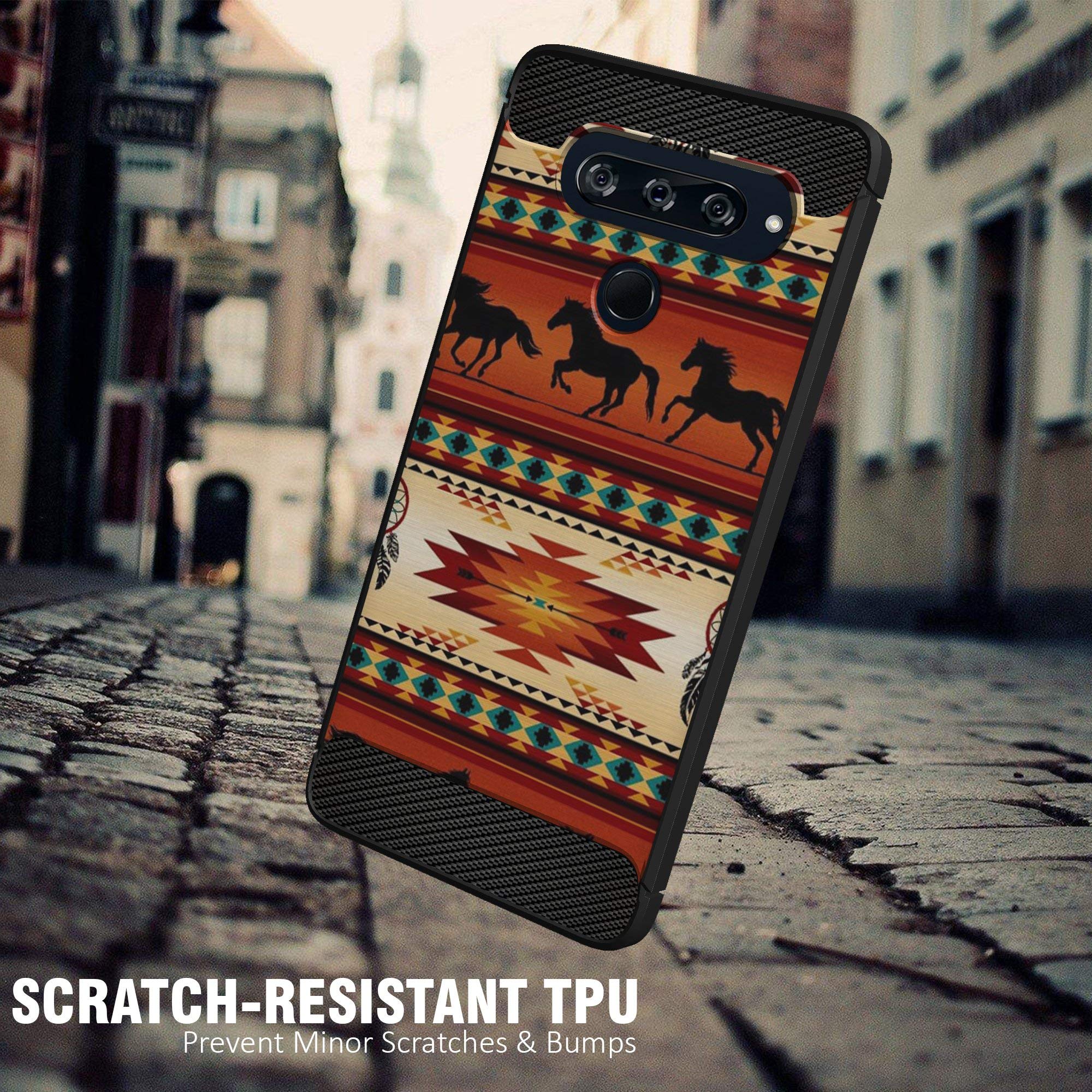 Casesondeck Case Compatible With [Lg V40 Thinq] Tribal Floral Matte Tpu Flexible Carbon Fiber Textured (Western Horse Tribal)