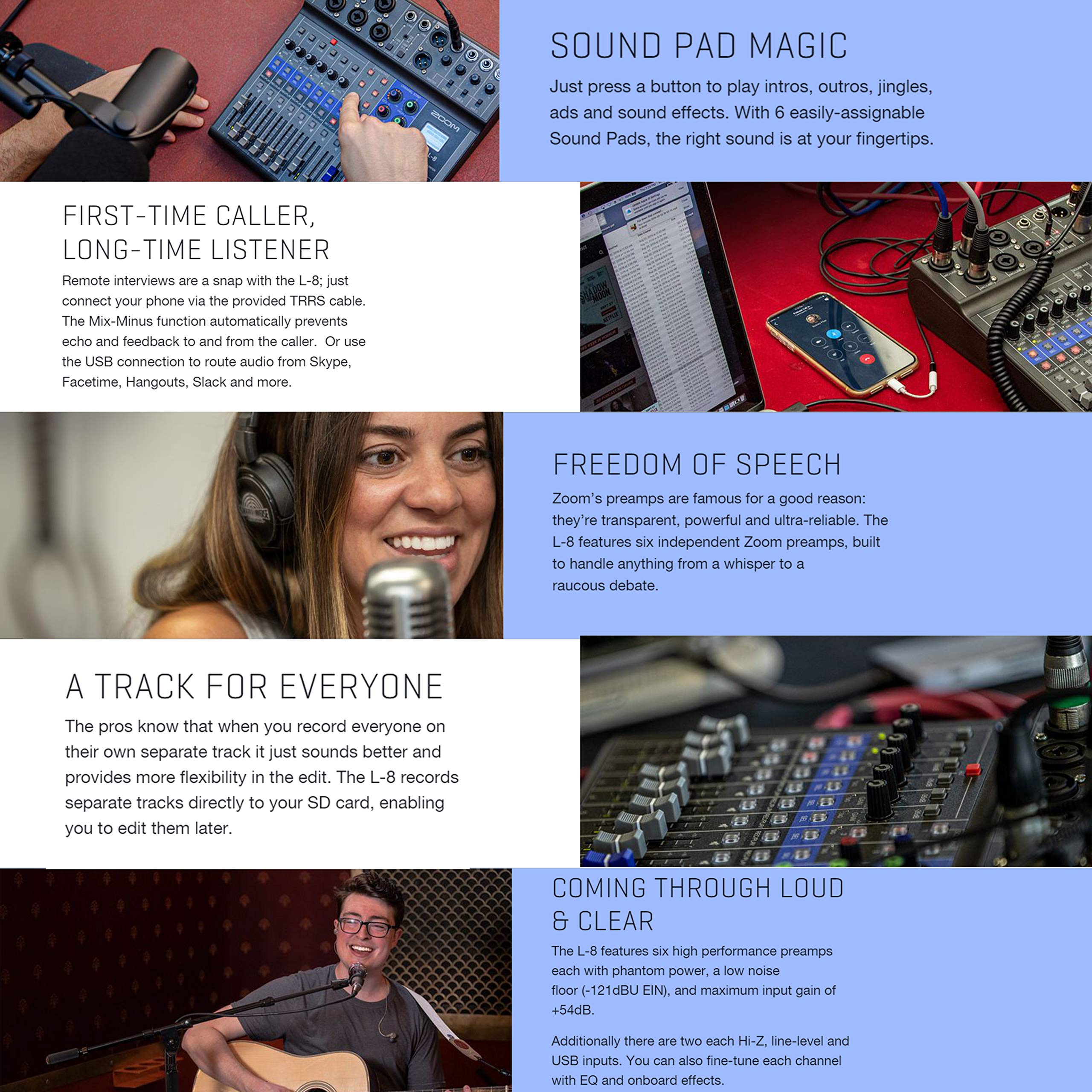 Zoom Livetrak L 8 Portable 8 Channel Digital Mixer And Multitrack Recorder, 2X Zoom Zdm 1 Mic With Headphones, Windscreens And S