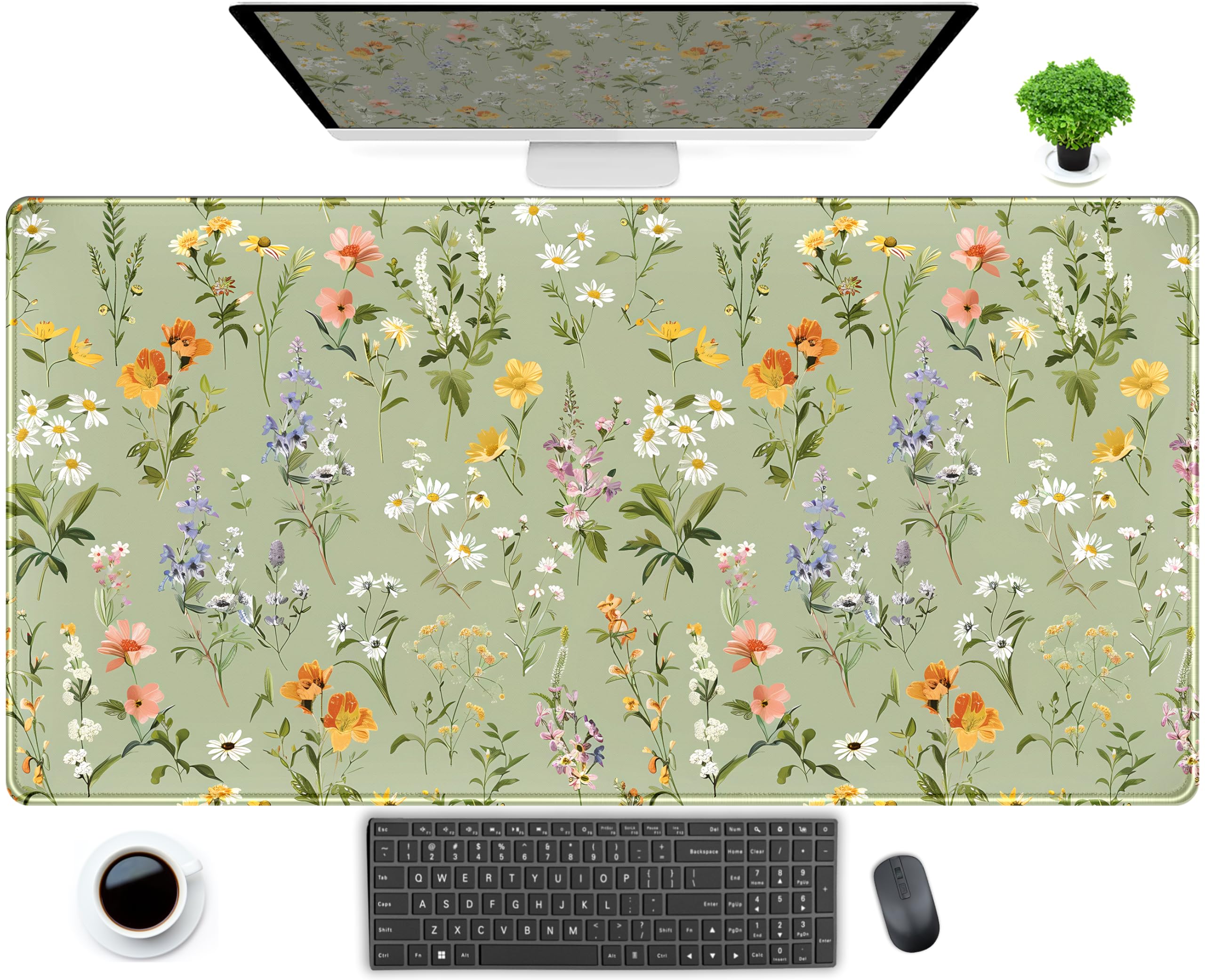 Cute Green Large Gaming Mouse Pad XXL Mousepad Sage Desk Mat with Stitched Edges, Aesthetic Computer Laptop Keyboard and Mouse M
