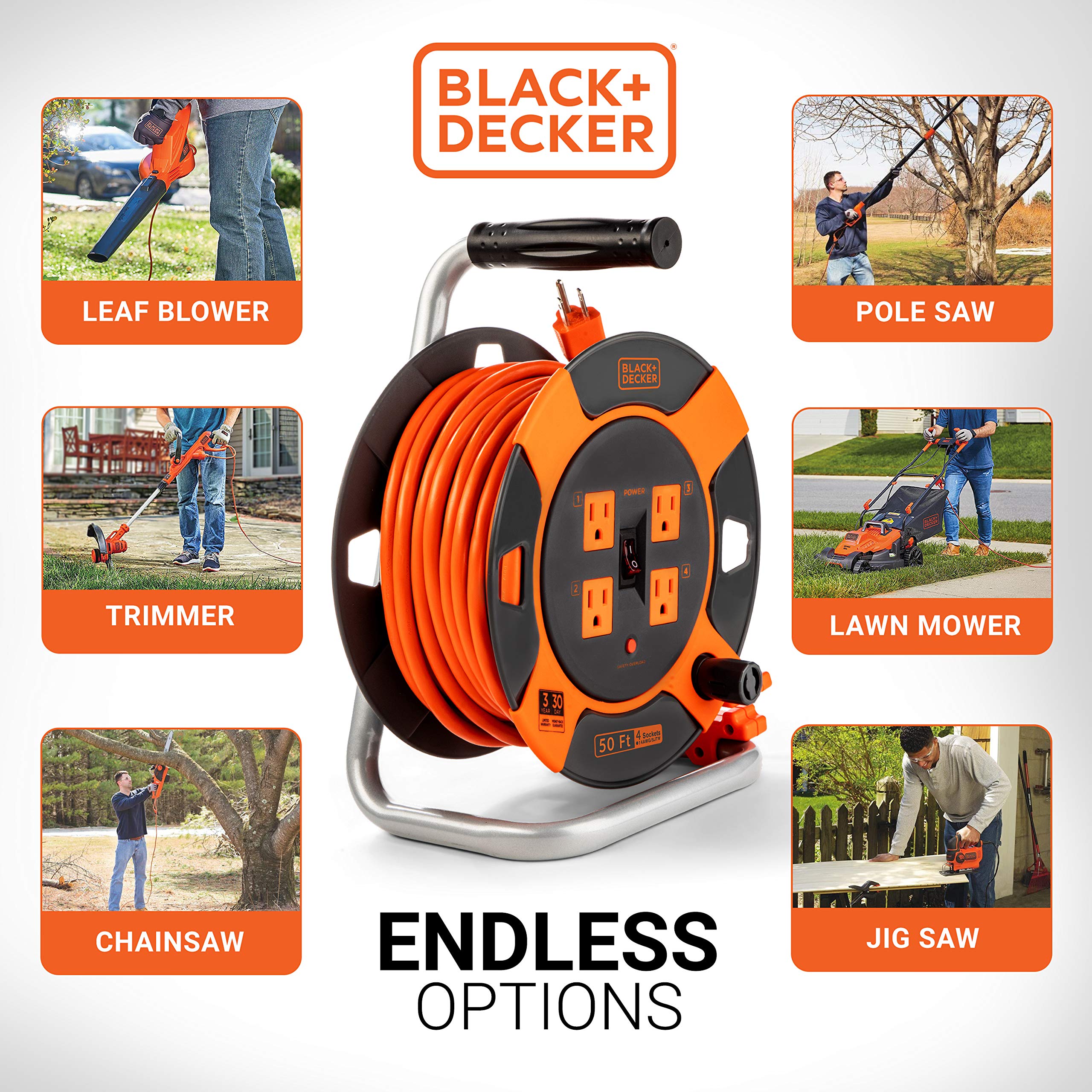 Black+Decker 50 Ft. Retractable Extension Cord Reel With 4 Outlets, Multi Plug Extension, Easy Handle Rewind & Heavy Duty 14Awg