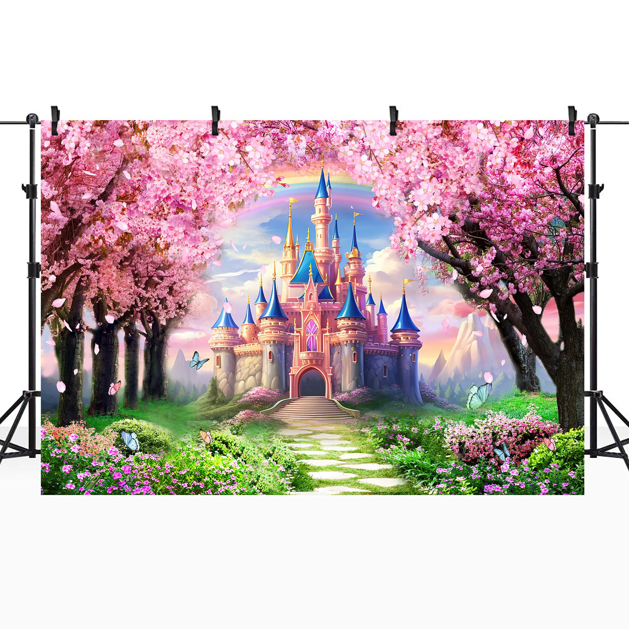 Riyidecor Princess Castle Backdrop Rainbow Pink Sakura Flowers Floral Fantasy Fairy Tale Wonderland 7Wx5H Feet Photography Backg