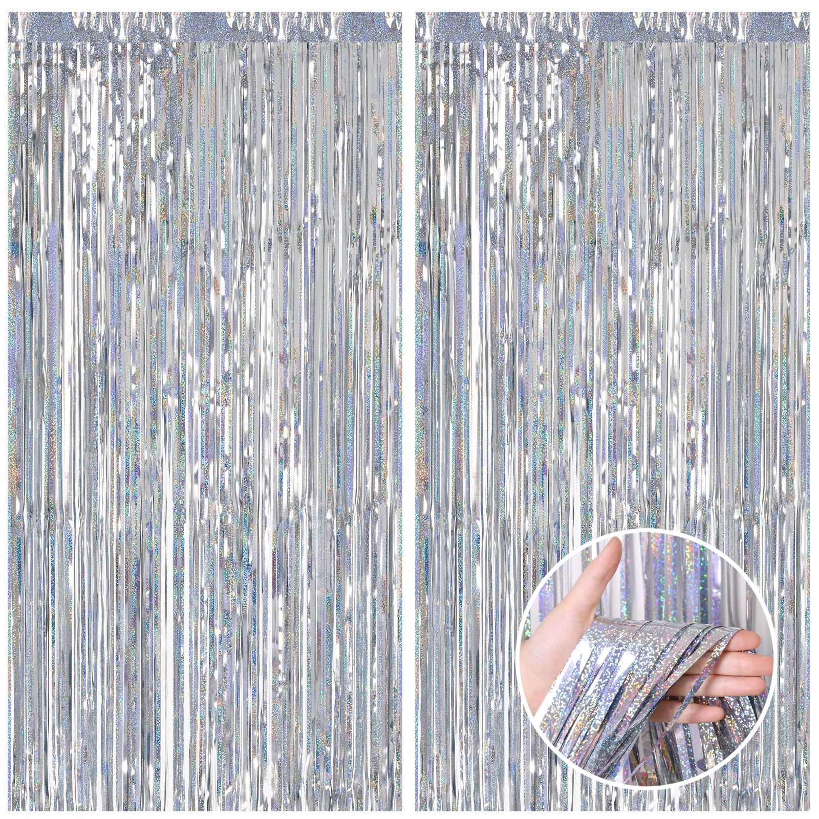 Canrevel 2 Pack 3.3X8.2 Feet Laser Silver Foil Fringe Backdrop Curtains, Tinsel Streamers Birthday Party Decorations, Fringe Bac