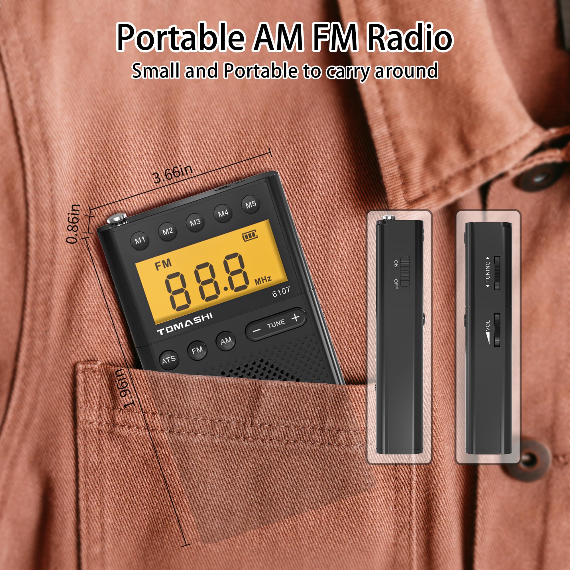 Tomashi Portable Radio Am Fm, Battery Powered Radio With Loud Speaker, Headphone Jack, Small Radio With Long Range Reception, La
