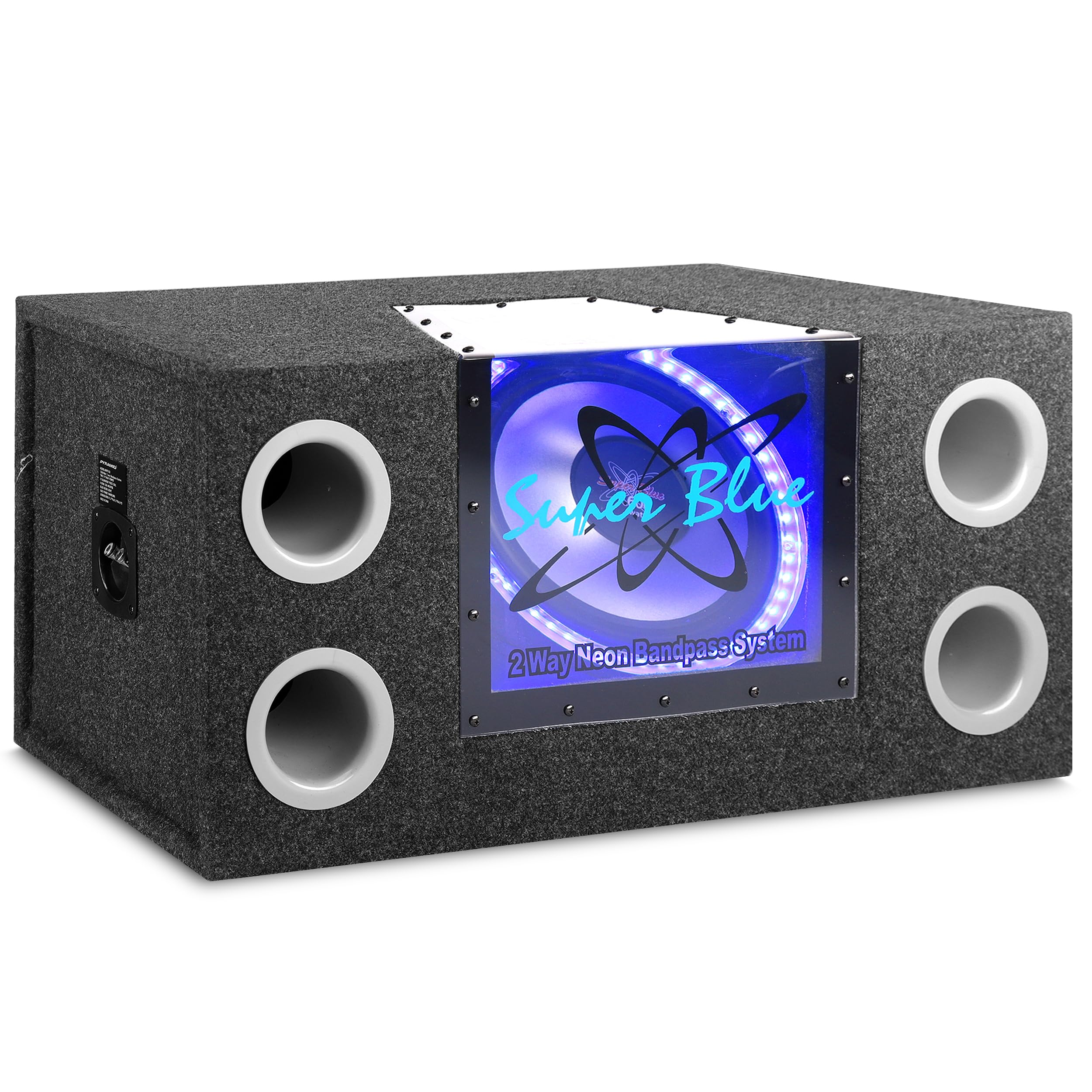 Pyramid 12' 1200W Car Audio Subwoofer   2 Way Neon Bandpass Speaker System W/Blue Lights, Dc 12V Input/4 Ohm/32Hz 1Khz Freq.Res W/Plexi Glass Front Window & Silver Polypropylene Cone