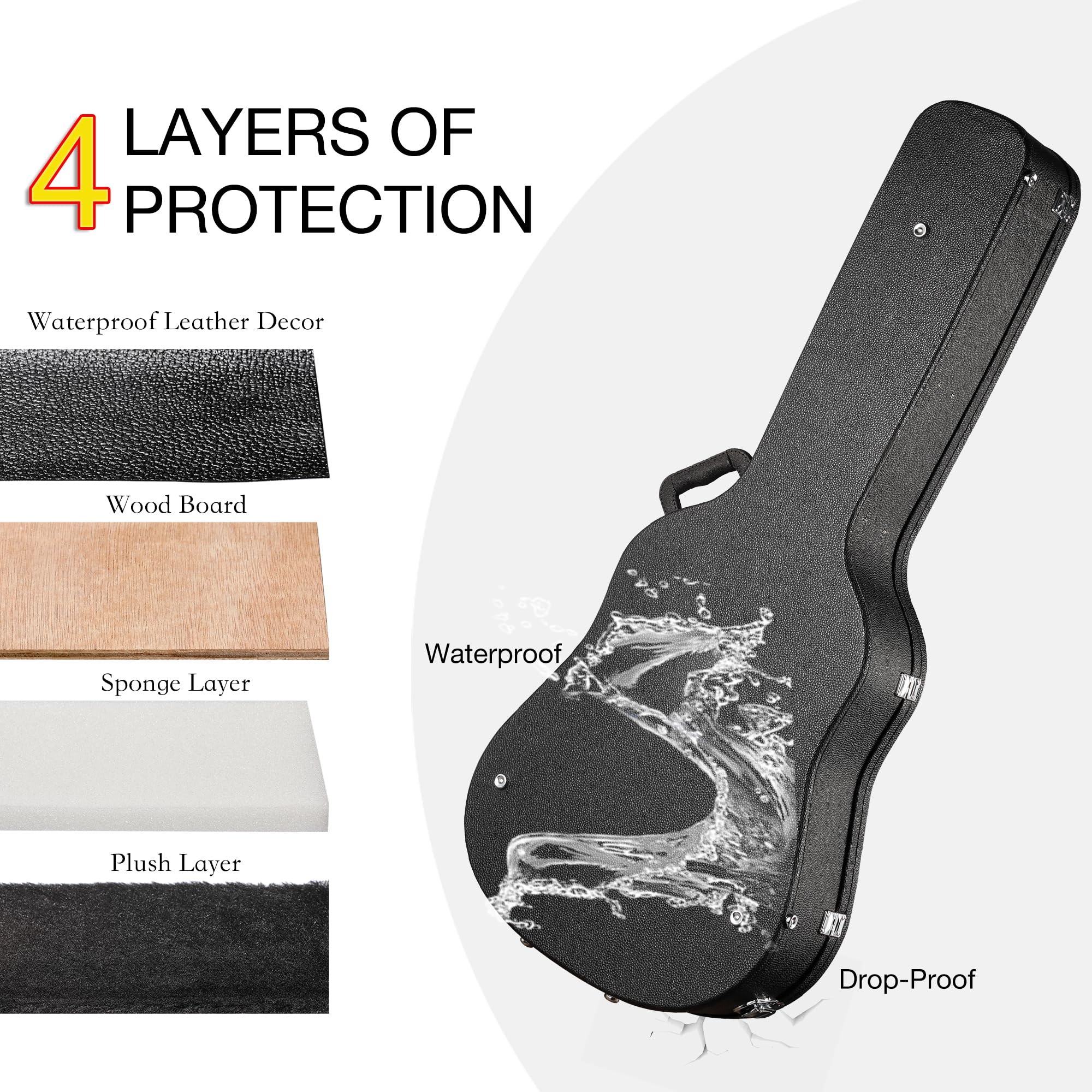 Zehuoge Hard Shell Guitar Cases - Wooden, Lockable, Black For 41  Guitar