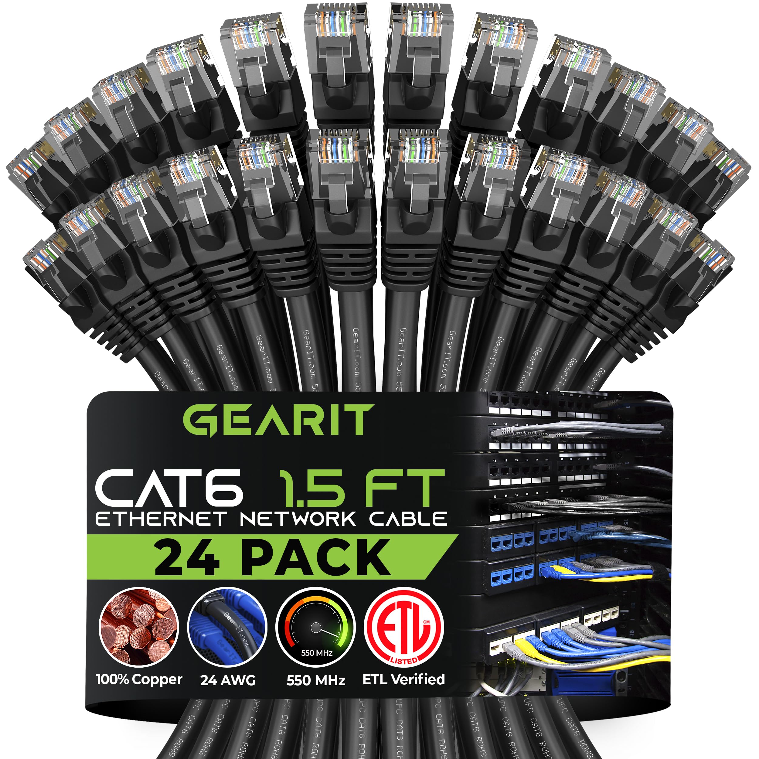Gearit Cat 6 Ethernet Cable 1.5 Ft 18 Inch (24 Pack)   Cat6 Patch Cable, Cat 6 Patch Cable, Cat6 Cable, Cat 6 Cable, Cat6 Ethern