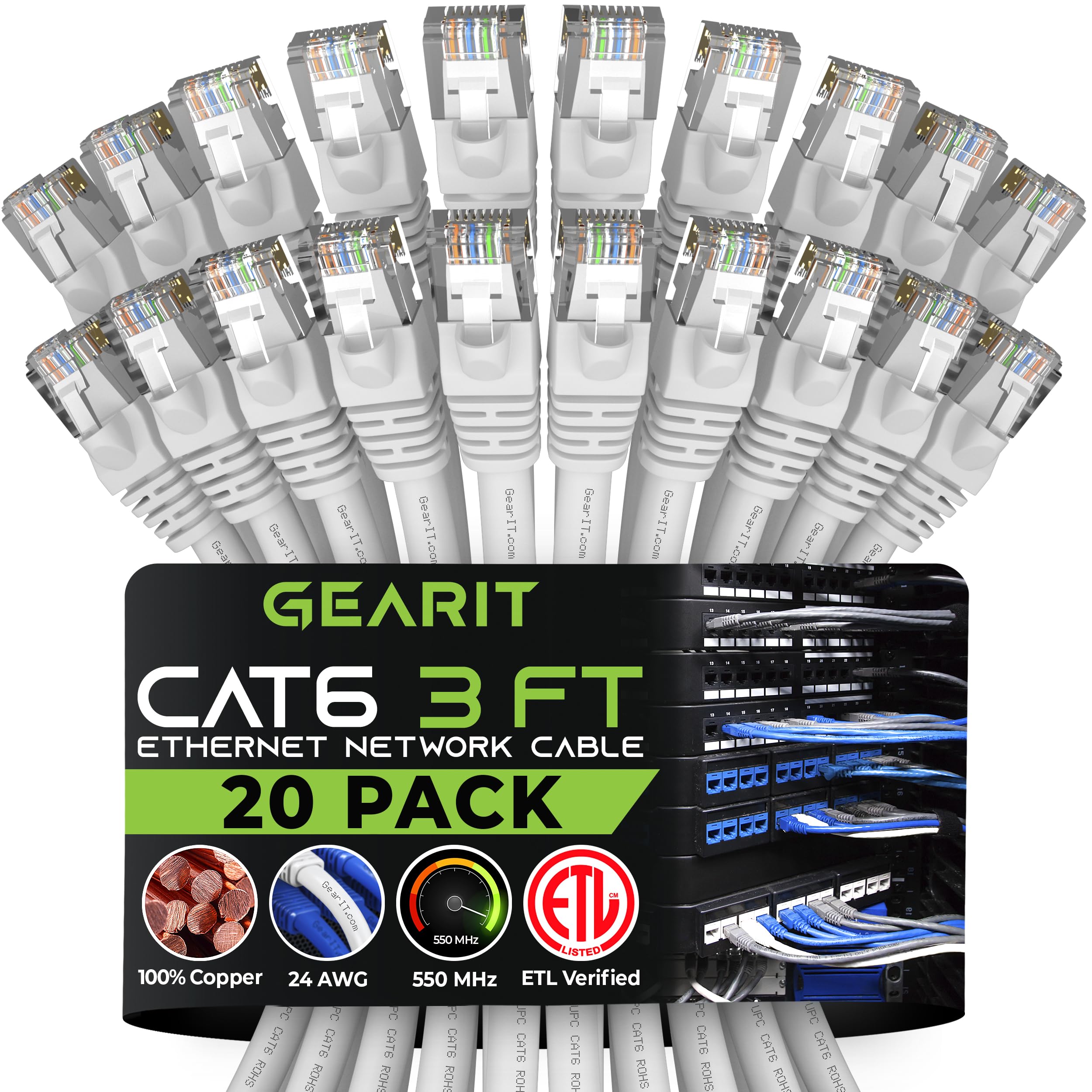 Gearit Cat 6 Ethernet Cable 3 Ft (20 Pack)   Cat6 Patch Cable, Cat 6 Patch Cable, Cat6 Cable, Cat 6 Cable, Cat6 Ethernet Cable,