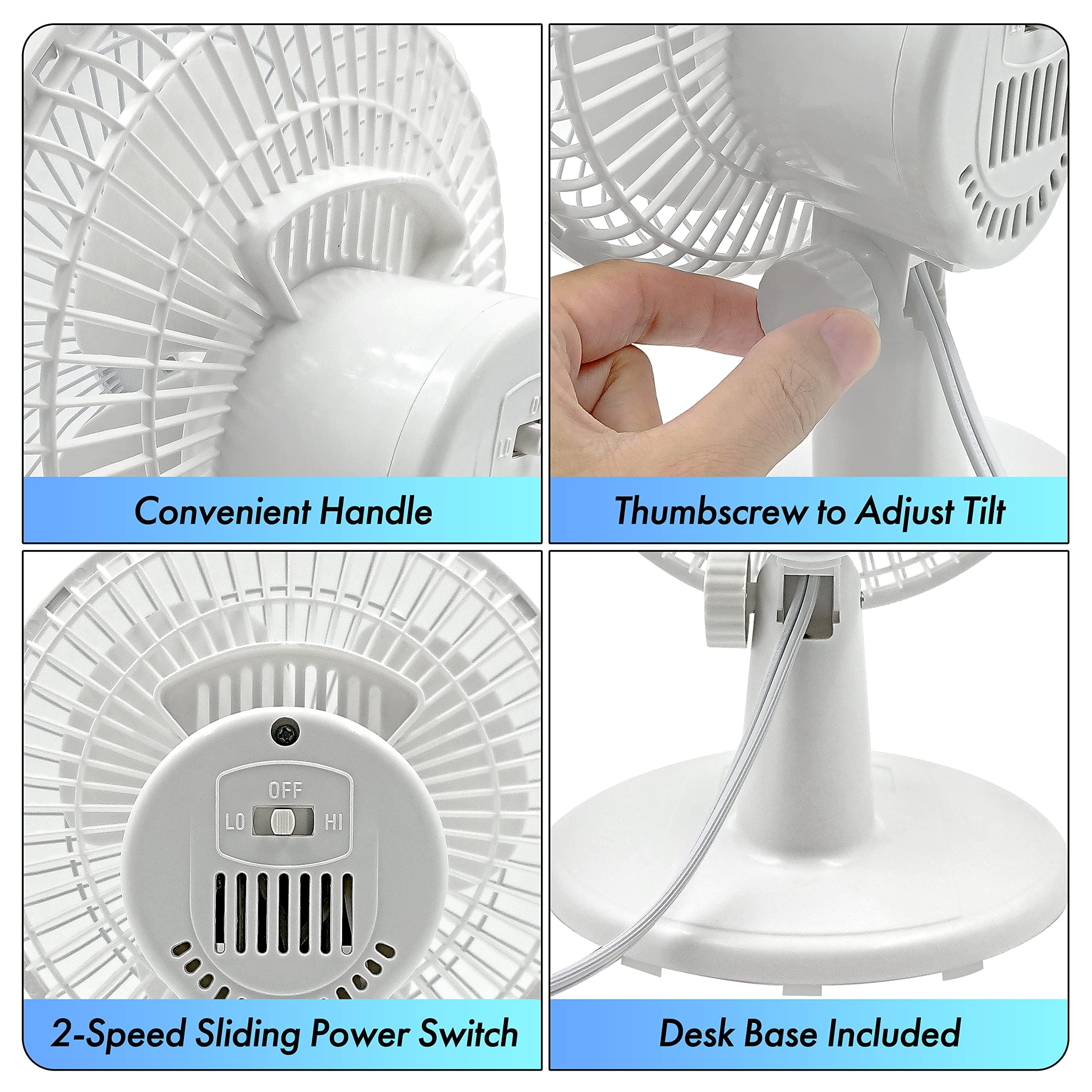 Comfort Zone 6 Inch Mini Desk Fan With Fully Adjustable Tilt, Portable 2 Speed Tabletop Fan, Quiet Bedside Or Office Fan With St