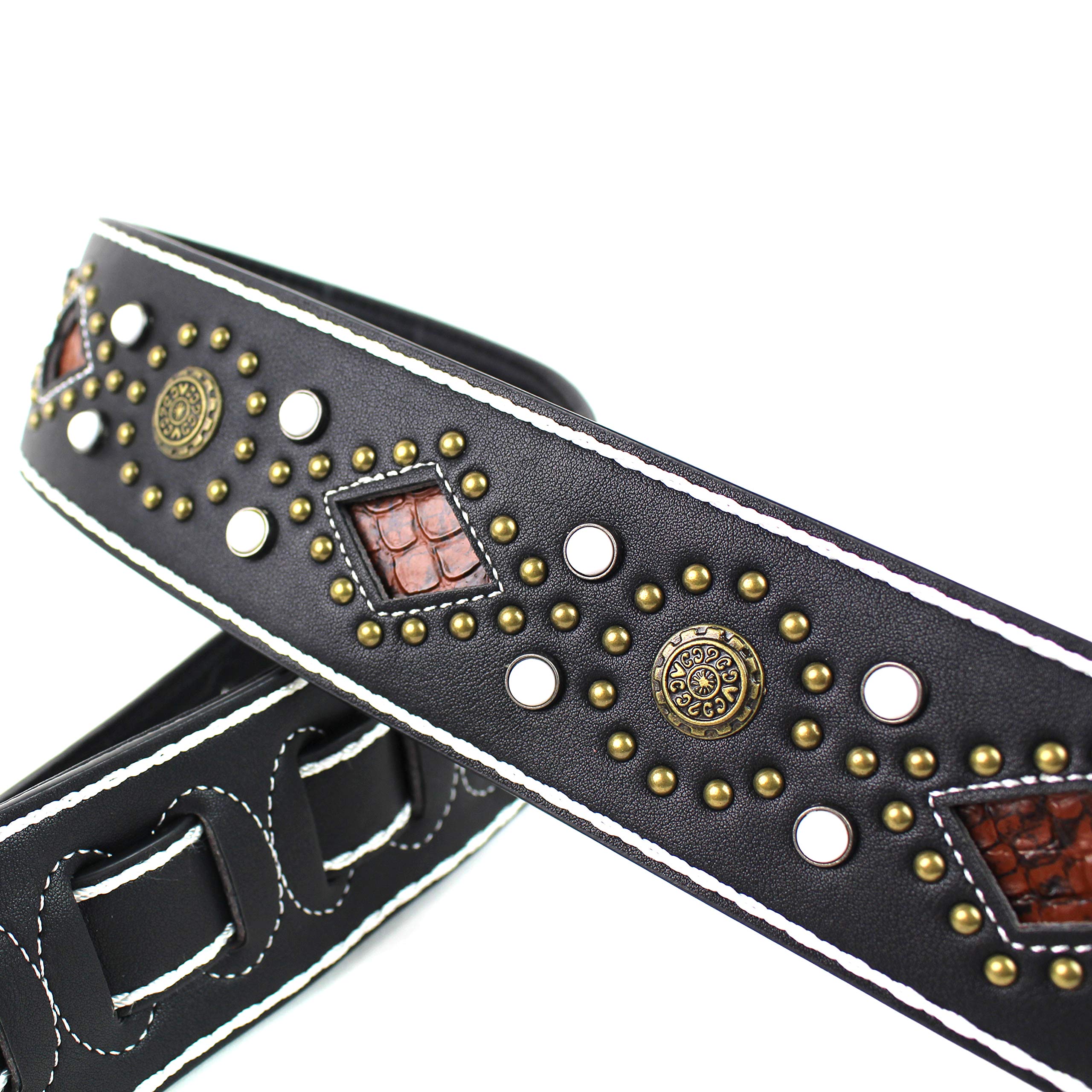 Walker And Williams Gtr 20 Wht Sedona Special Premium Black Padded Guitar Strap With White Stitching Brass Studs & Rivets For Ac