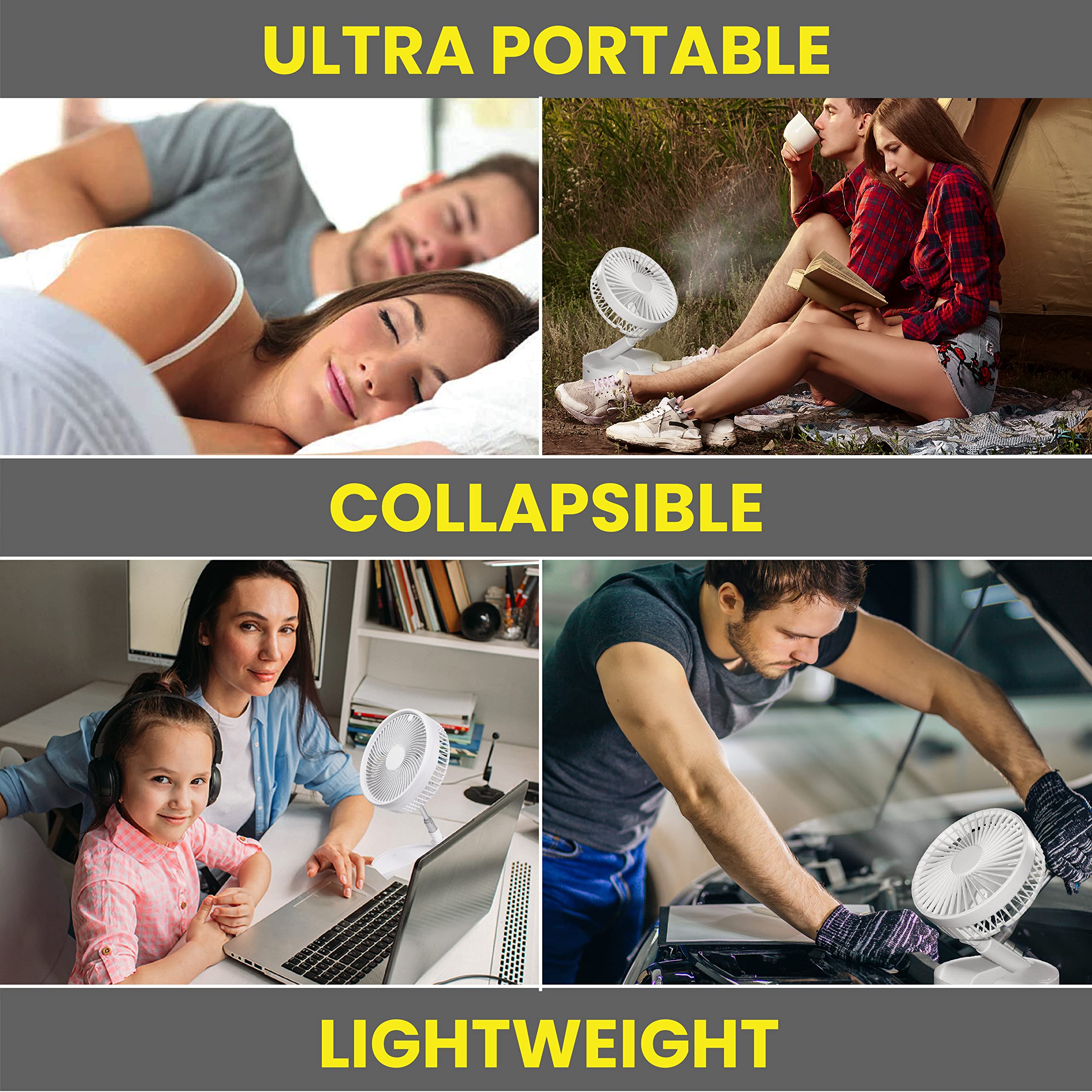 Bell+Howell MY FOLDAWAY FAN Mini Rechargeable Portable Fan - 12" High, Lightweight, White, Model 7623, 2 Speed Modes