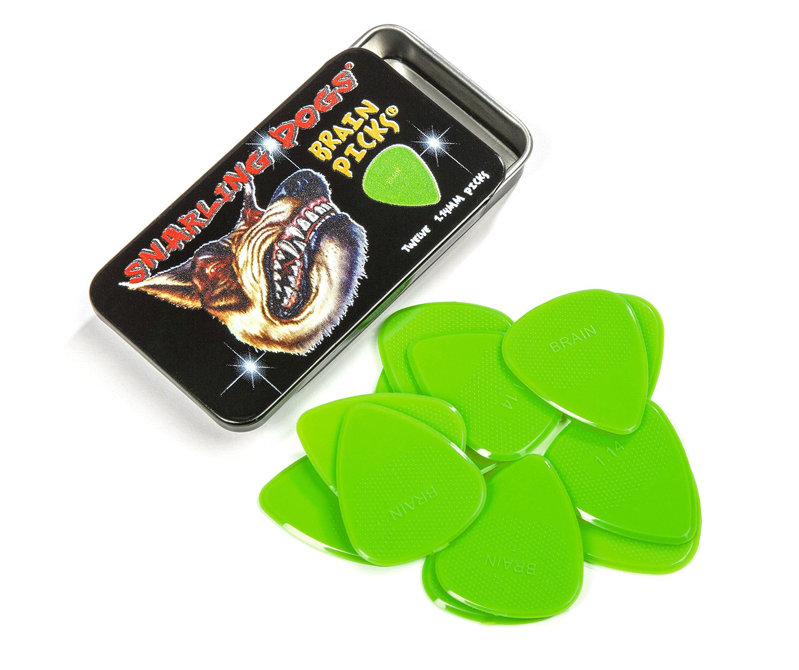 D'Andrea Snarling Dog Brain Nylon Guitar Picks 12 Pack With Tin Box (Green, 0.53Mm)