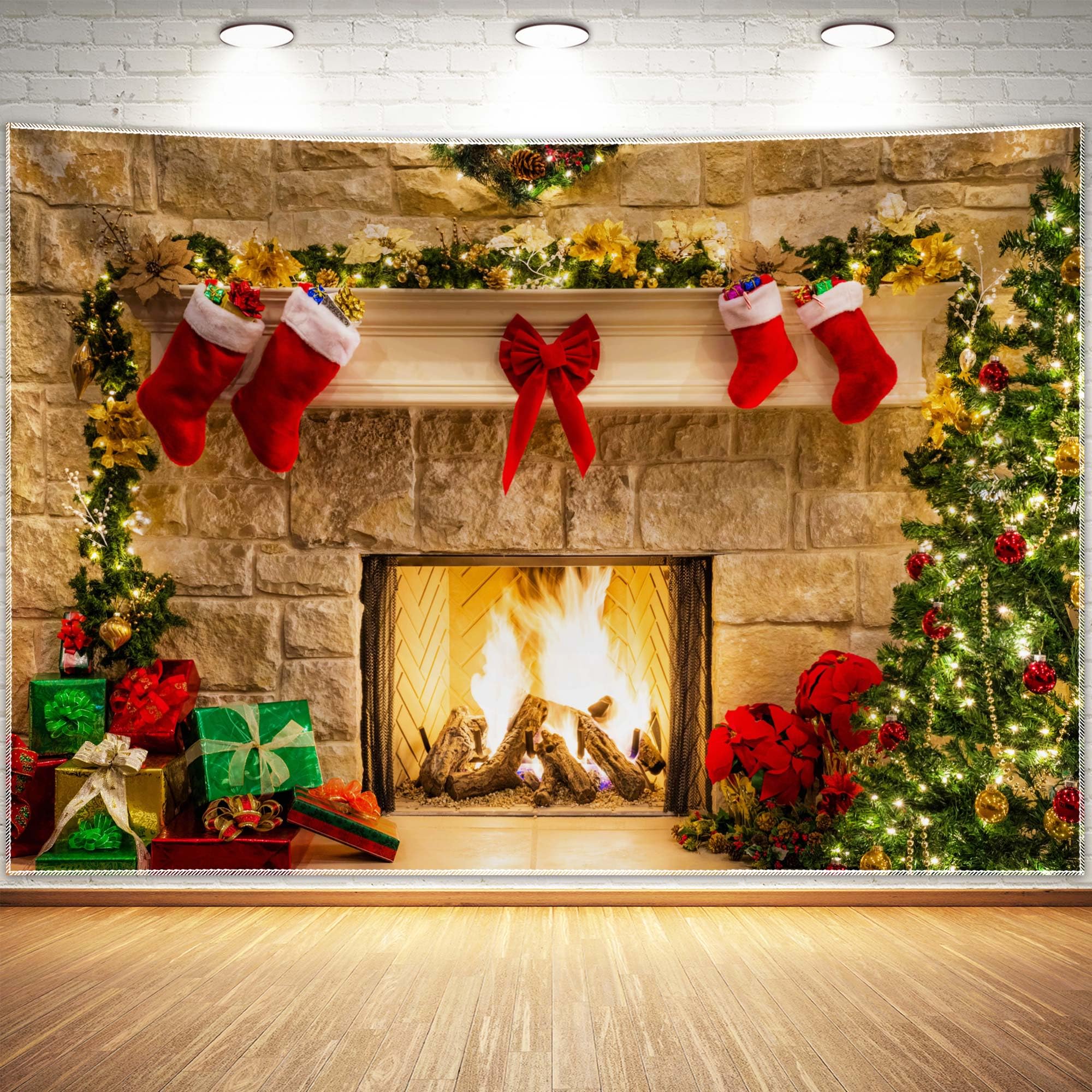 Haboke 8X6Ft Christmas Fireplace Theme Backdrop For Photography Tree Sock Decorations For Xmas Party Supplies Photo Background P