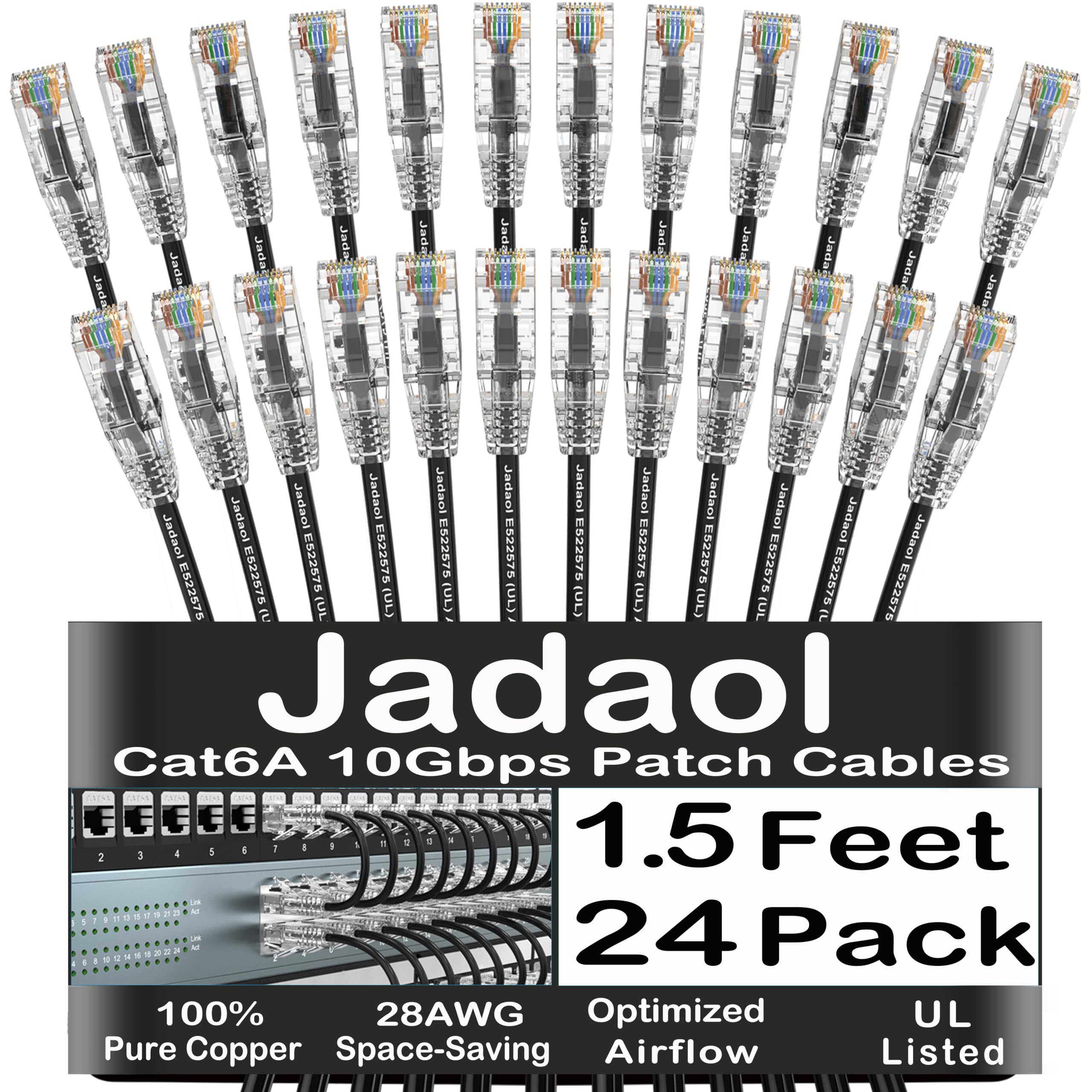 Jadaol [UL Listed] Cat6A Patch Cables 1.5FT (24Pack) 10Gbps 550MHz Black