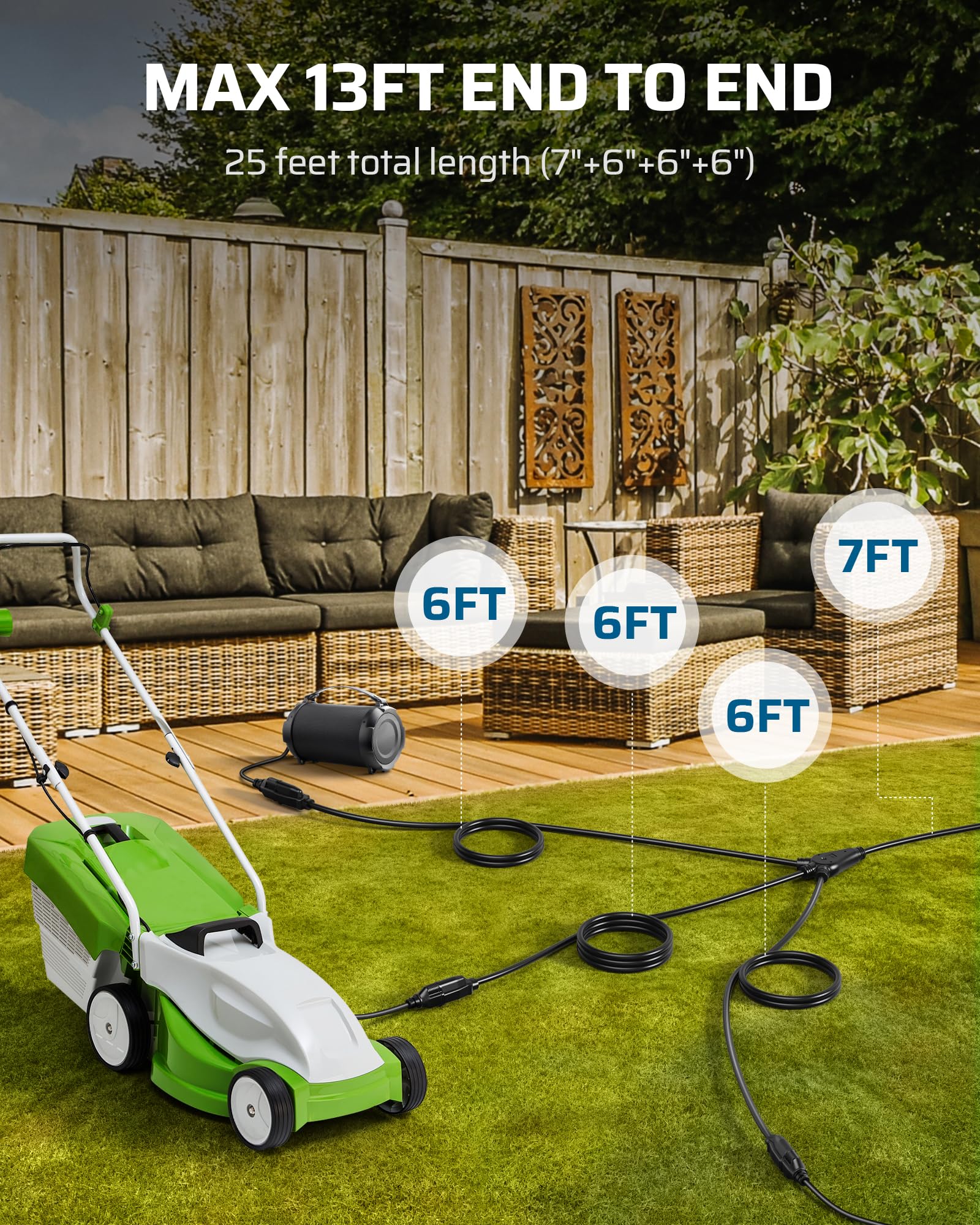 Dewenwils Outdoor Extension Cord 1 To 3 Splitter For Outdoor String Lights, 3 Prong Outlets Plugs, Max 13Ft End To End (25 Ft To