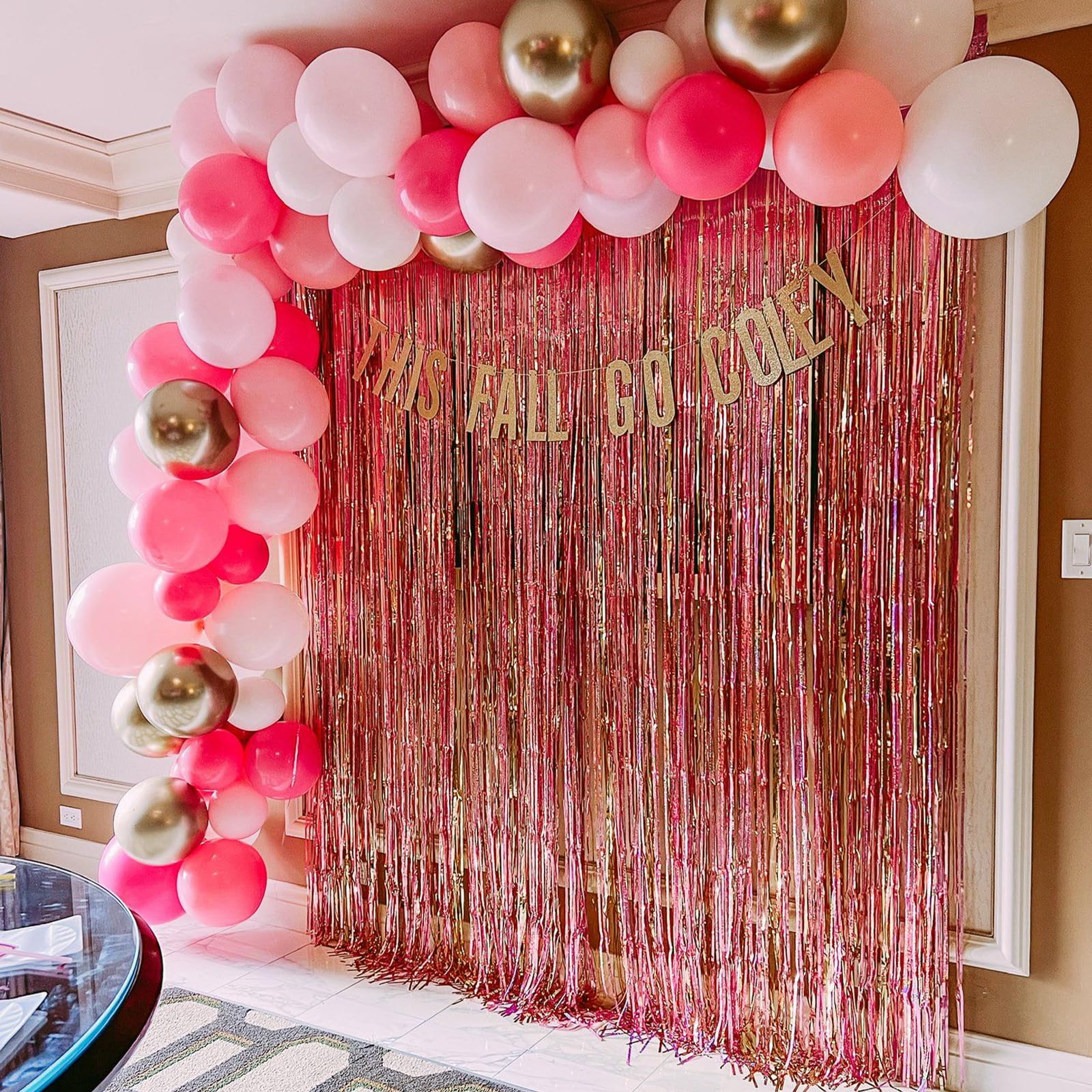Canrevel 2 Pack 3.3X8.2 Feet Rose Gold Foil Fringe Backdrop Curtains, Glitter Tinsel Streamers Birthday Party Decorations, Fring
