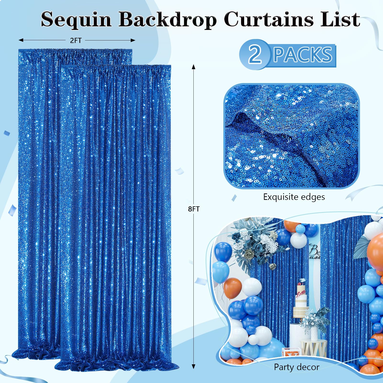 Royal Blue Backdrop Curtain Panels 2 Pieces 2Ftx8Ft Sequin Party Background For Birthdays Independence Day Theme Decorations