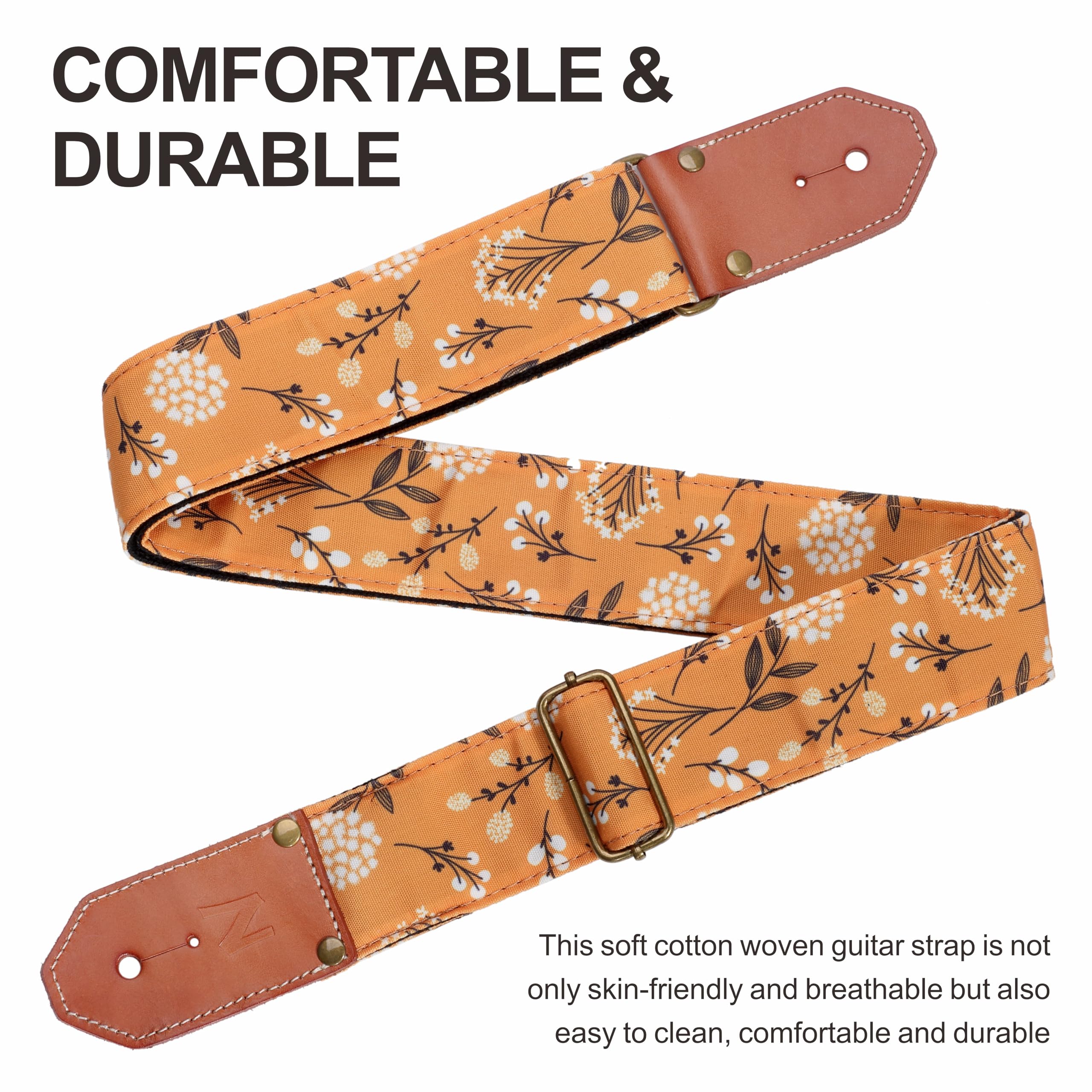 Nefelibata Guitar Strap Cotton With Thicked First Layer Vegetable Tanned Cowhide Leather Ends For Acoustic, Bass, Electric Guita
