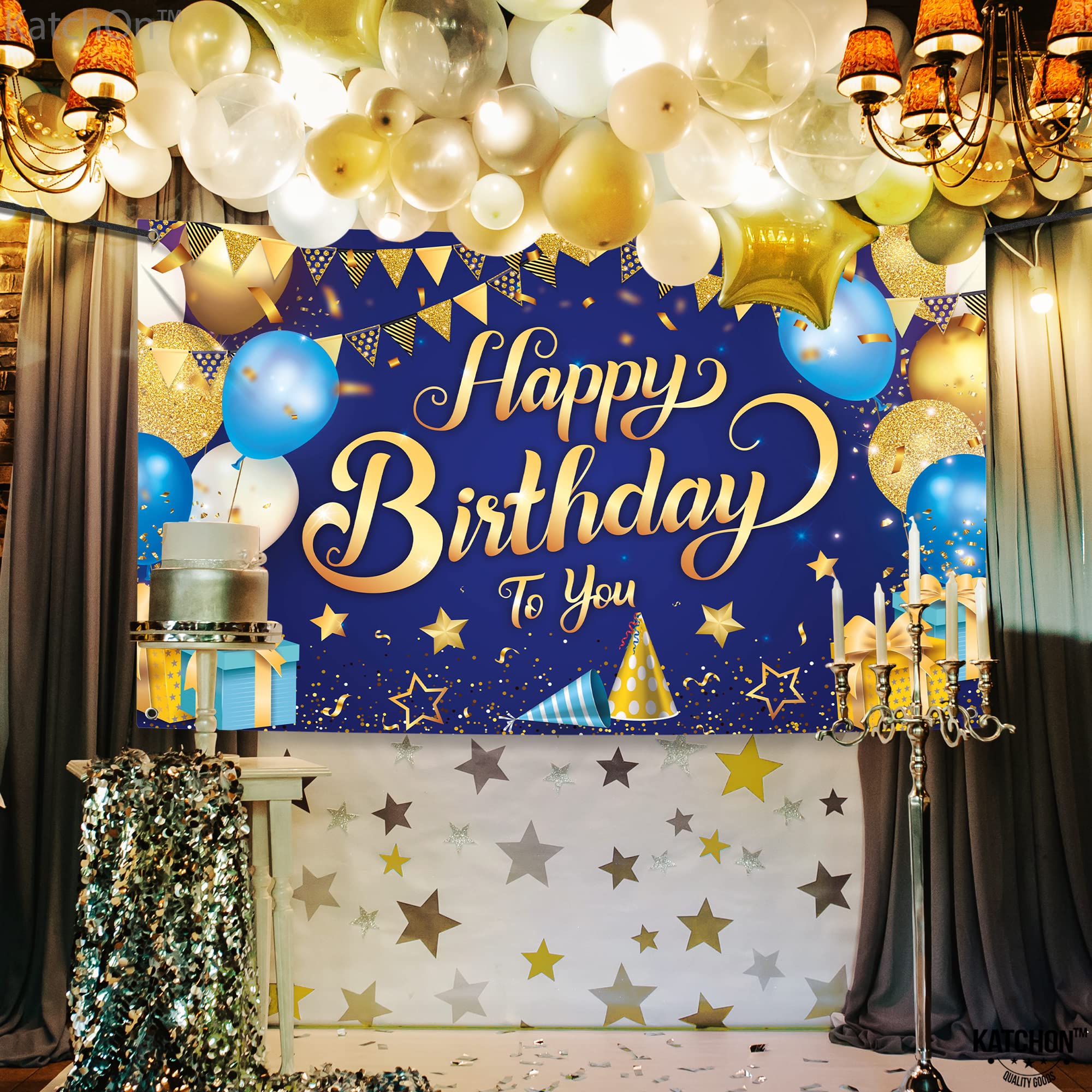 Katchon, Xtralarge Blue And Gold Happy Birthday Banner   72X44 Inch | Gold Happy Birthday Backdrop | Happy Birthday Backdrop Blu