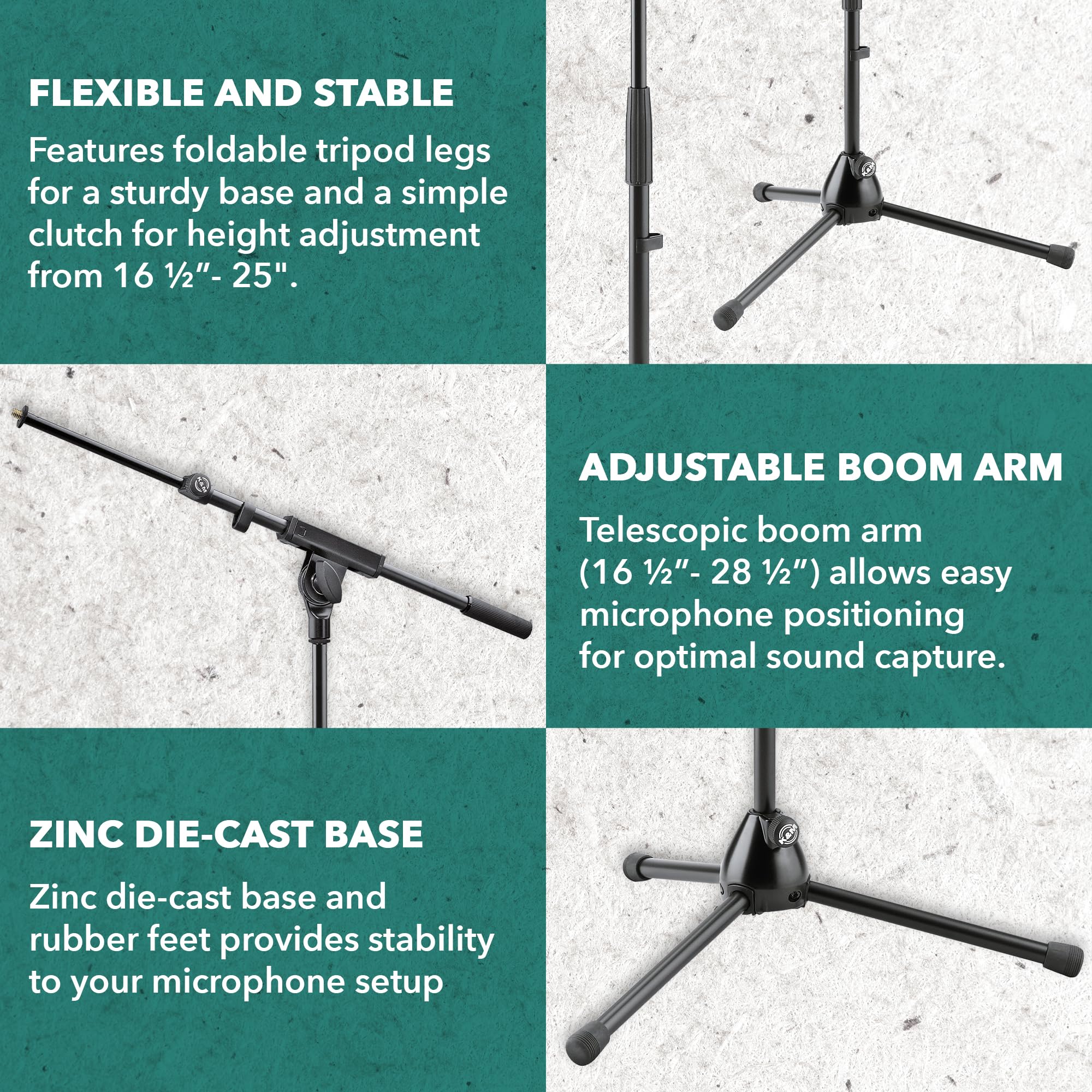 K&M Knig & Meyer 25977.500.55 Microphone Stand - Adjustable Telescoping 2-Piece Boom Arm - Shorter Low-Level Height With Folding