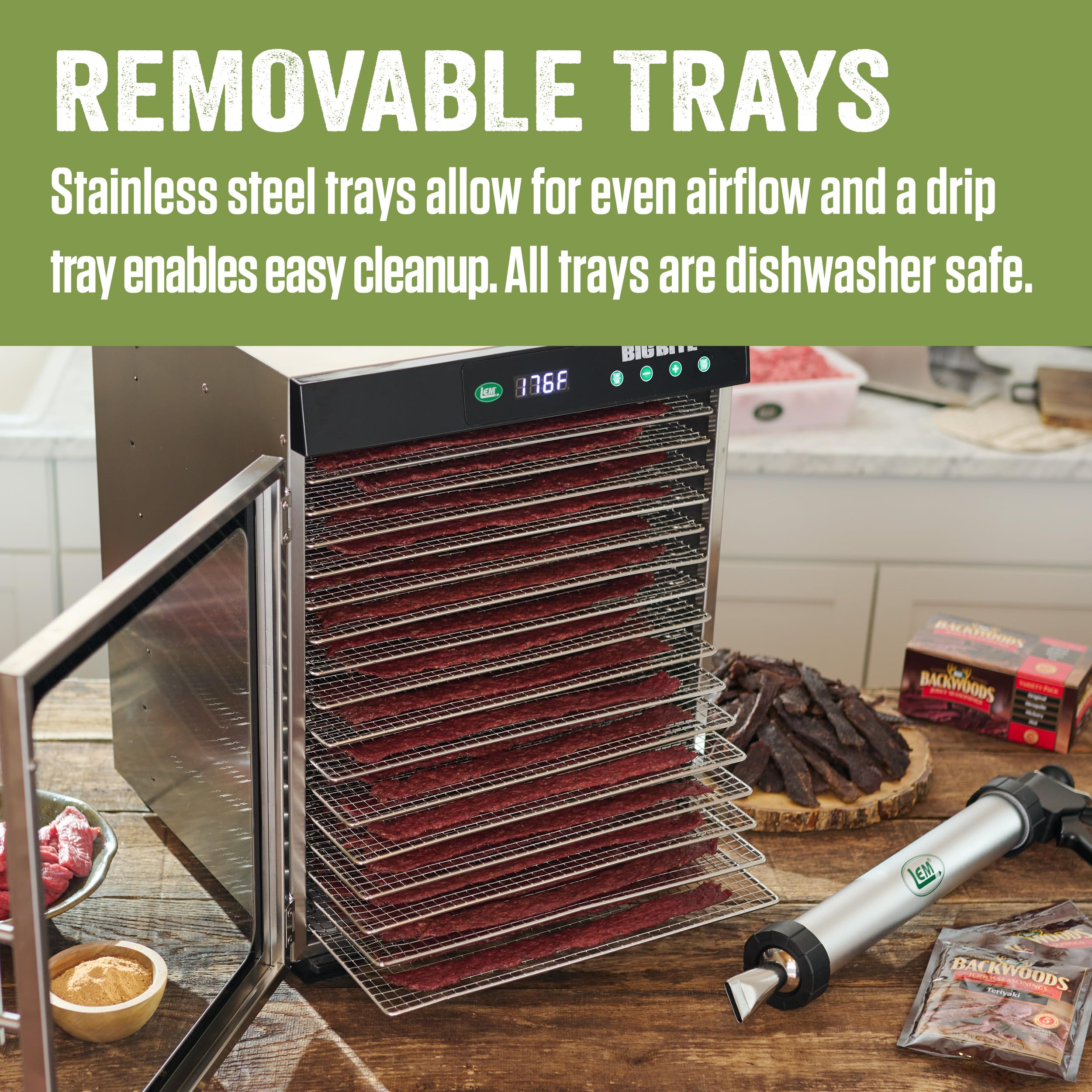 Lem Products Bigbite 16-Tray Stainless Steel Dehydrator, Food Dehydrator For Beef Jerky, Meat, Vegetables, And Fruits, Includes