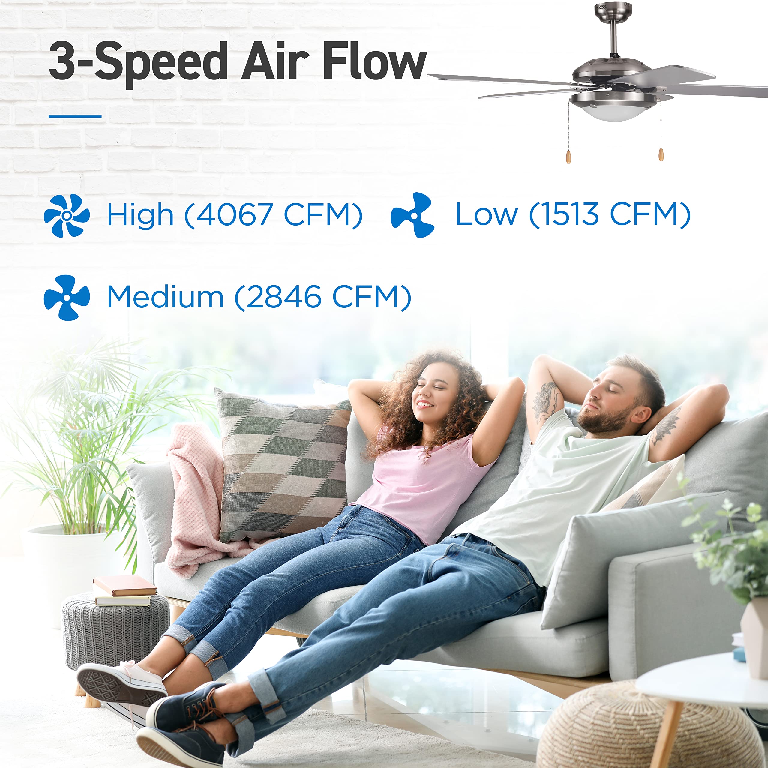 Commercial Cool 52    Modern Ceiling Fan With Lights, Cools Up To 350 Sq. Ft., Perfect For Large Rooms, Featuring 3 Air Flow Spe