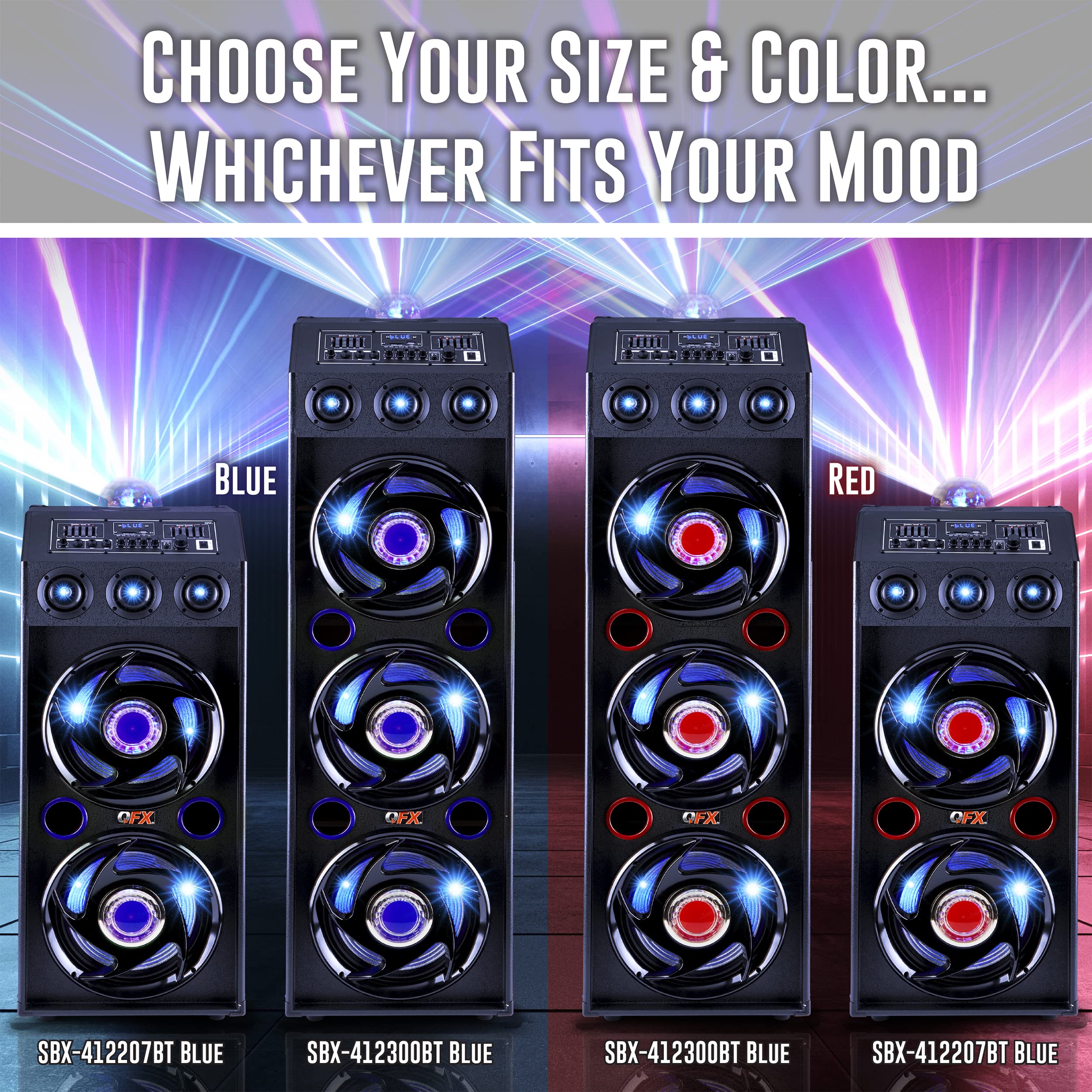 Qfx Sbx 412300Bt Tws Bluetooth Triple 12� Woofer Triple 1� Tweeter Recording High Performance Pa Cabinet Speaker With 10 Band Graphic Eq, 2 Microphone Inputs, Guitar Input, And Aux Input, Blue