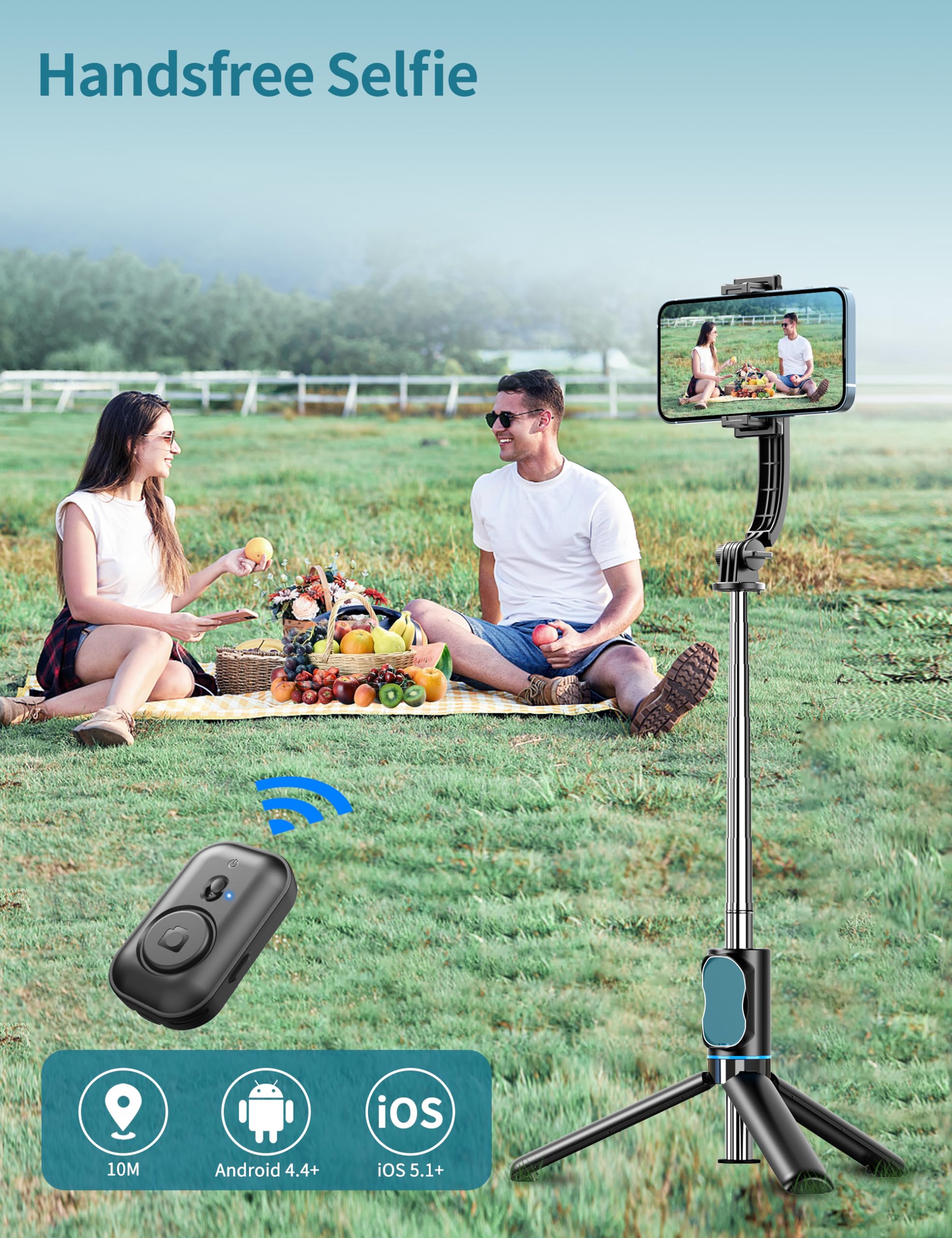 Selfie Stick, 41 Extendable Phone Tripod Stand With Phone Holder & Detachable Remote, 360 Rotation Selfie Stick Tripod For Cel