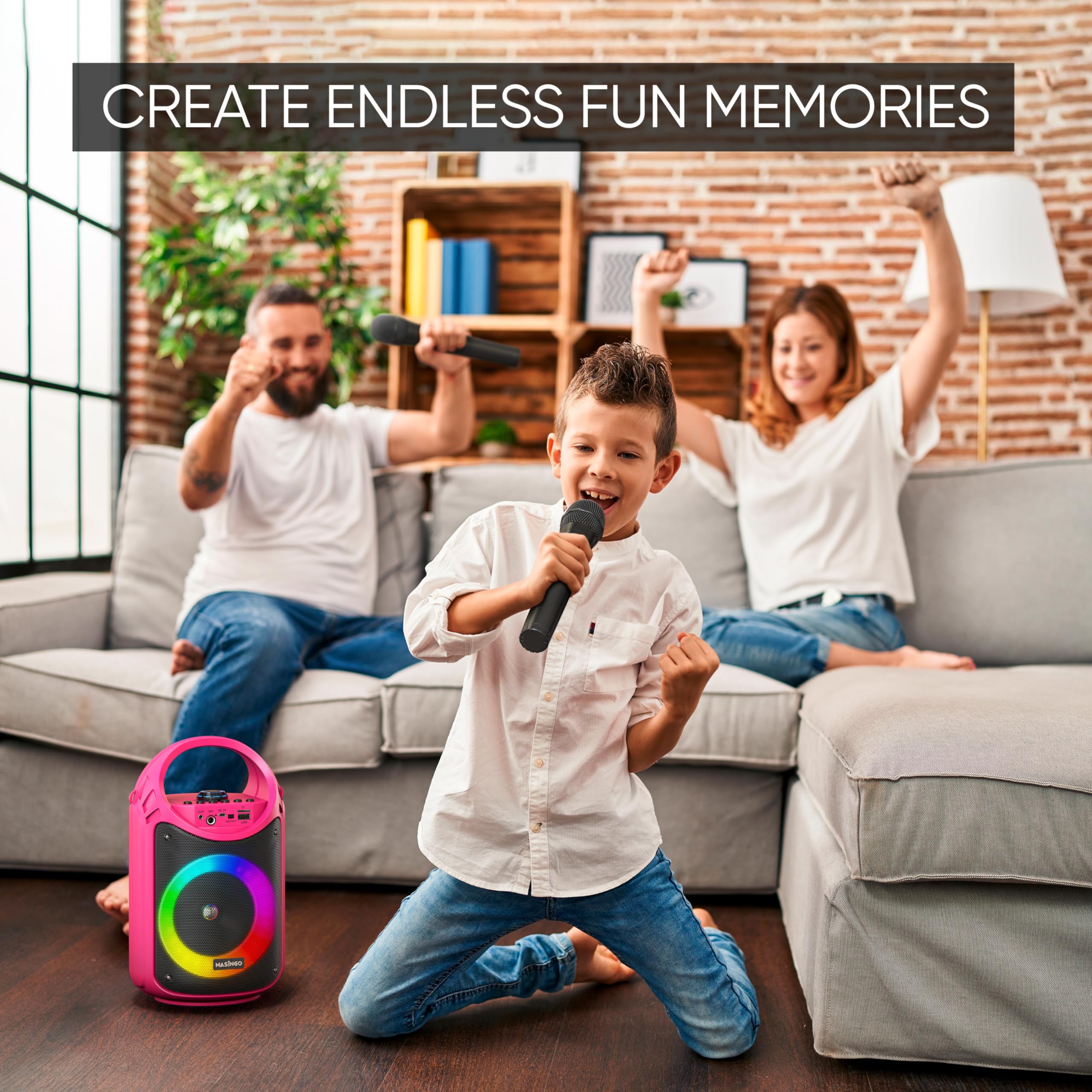 Masingo Karaoke Machine For Kids And Adults With 2 Wireless Bluetooth Microphones, Pa Portable Speaker With Colorful Led Lights,