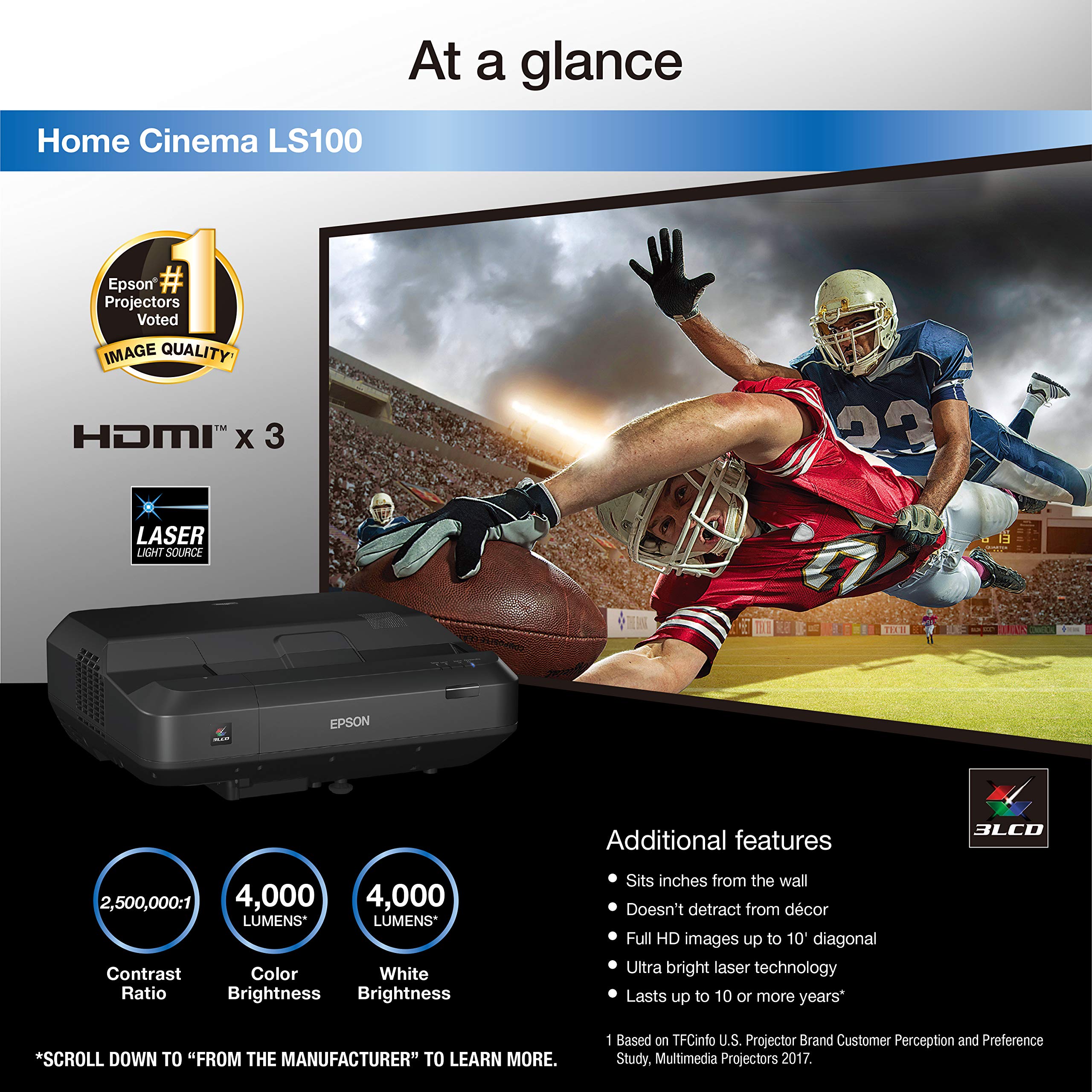 Epson Home Cinema LS100 Ultra Short-throw 3LCD Projector, Full HD, 100% Color Brightness, Black