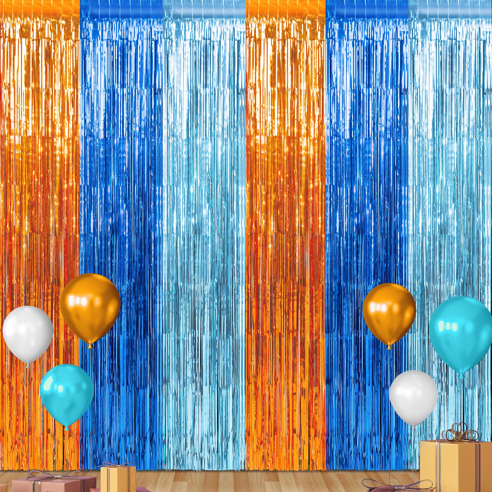 6 Pack 3.3X6.6Ft Blue Dog Foil Fringe Curtains Backdrop Decorations, Orange Blue And Light Blue Birthday Party Tinsel Metallic S