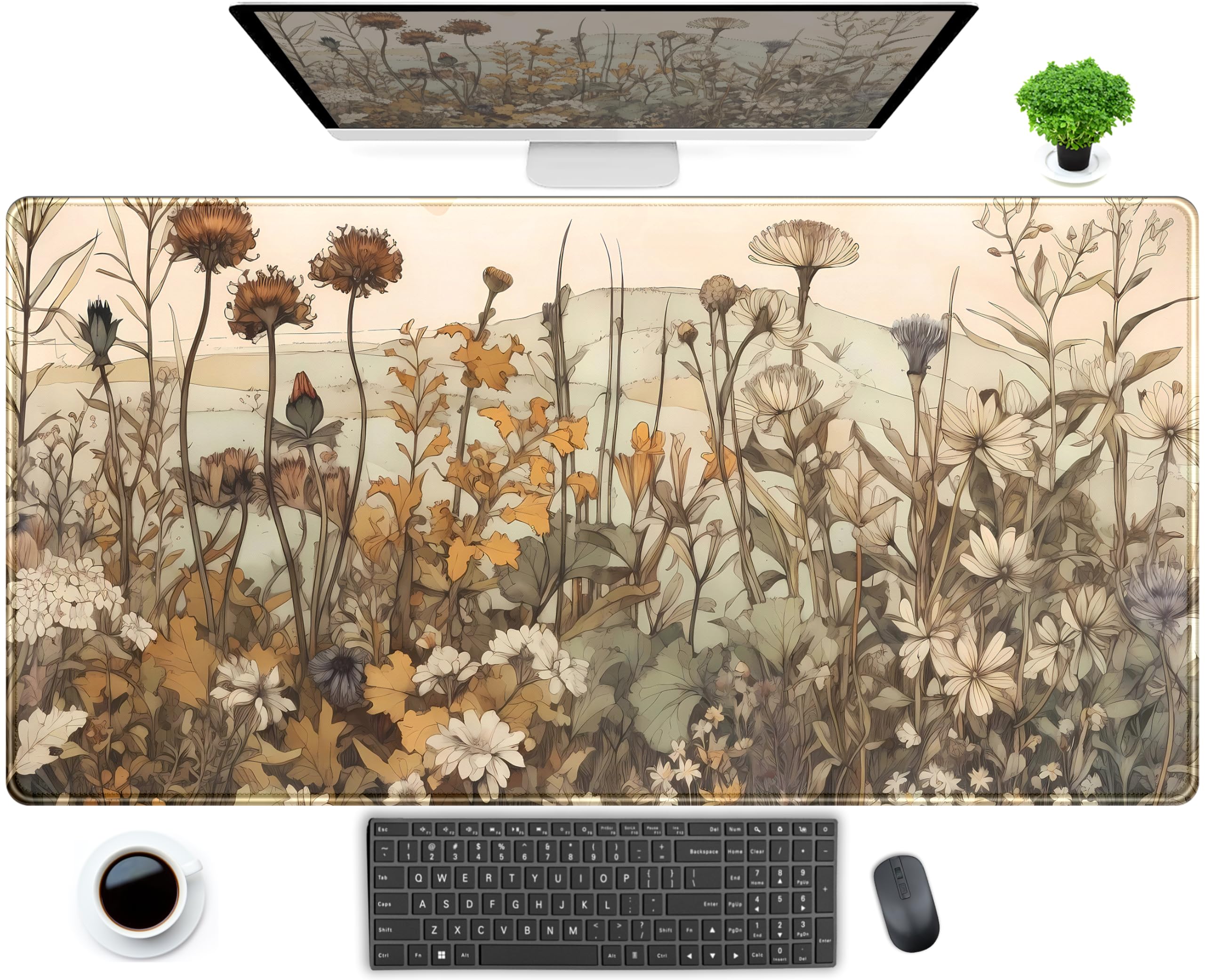 Pastel Wildflower Botanical Floral Desk Mat XXL Large Gaming Mouse Pad, Cute Nature Plant Flower Desk Pad Computer Mat 31.5x15.7
