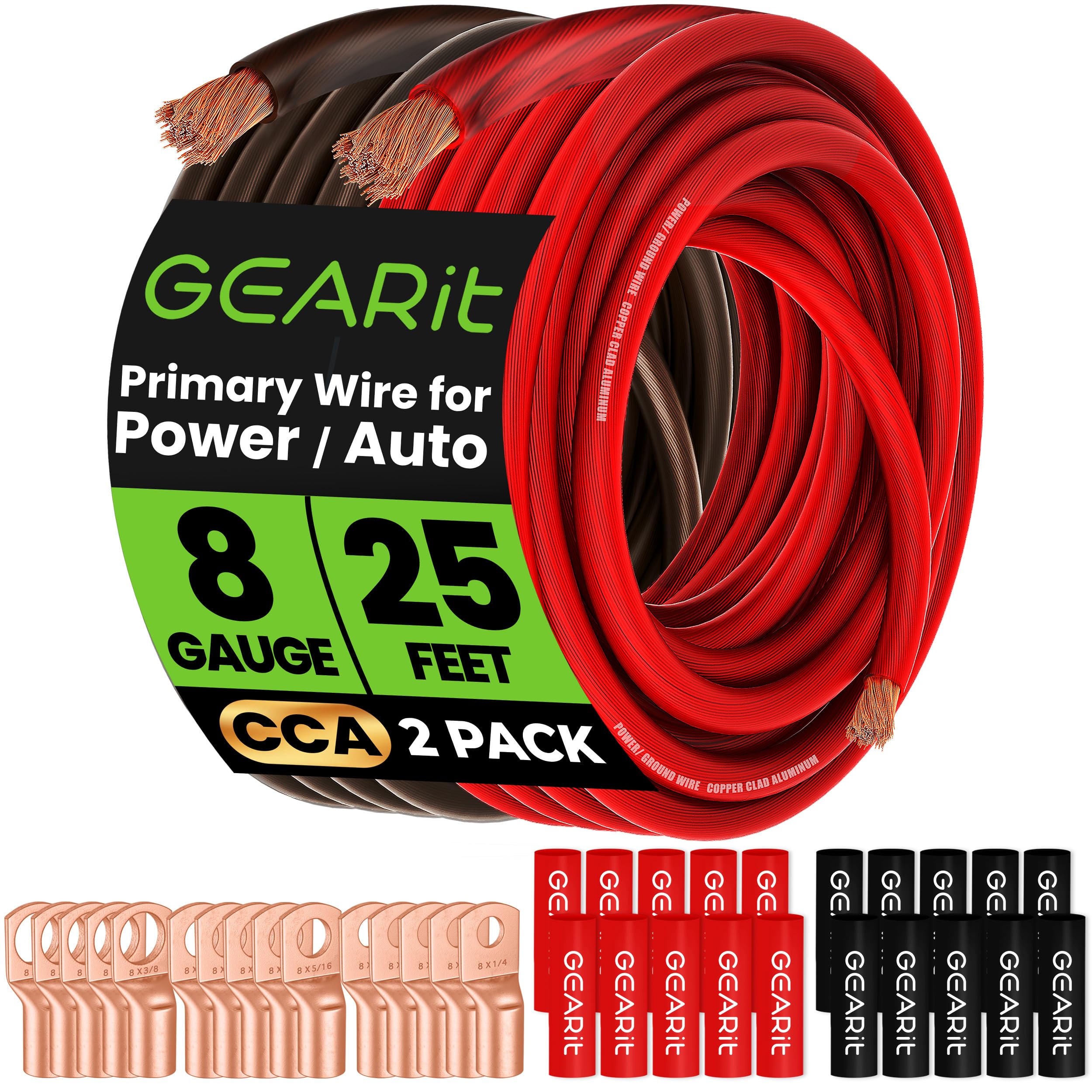 GEARit, 8 Gauge Wire, 15 Lugs, 20 Heat Shrink Wrap, for Automotive, Battery Cable, Amp Kit, Amp, CCA Wire, Wire, Amp Kit, Batter