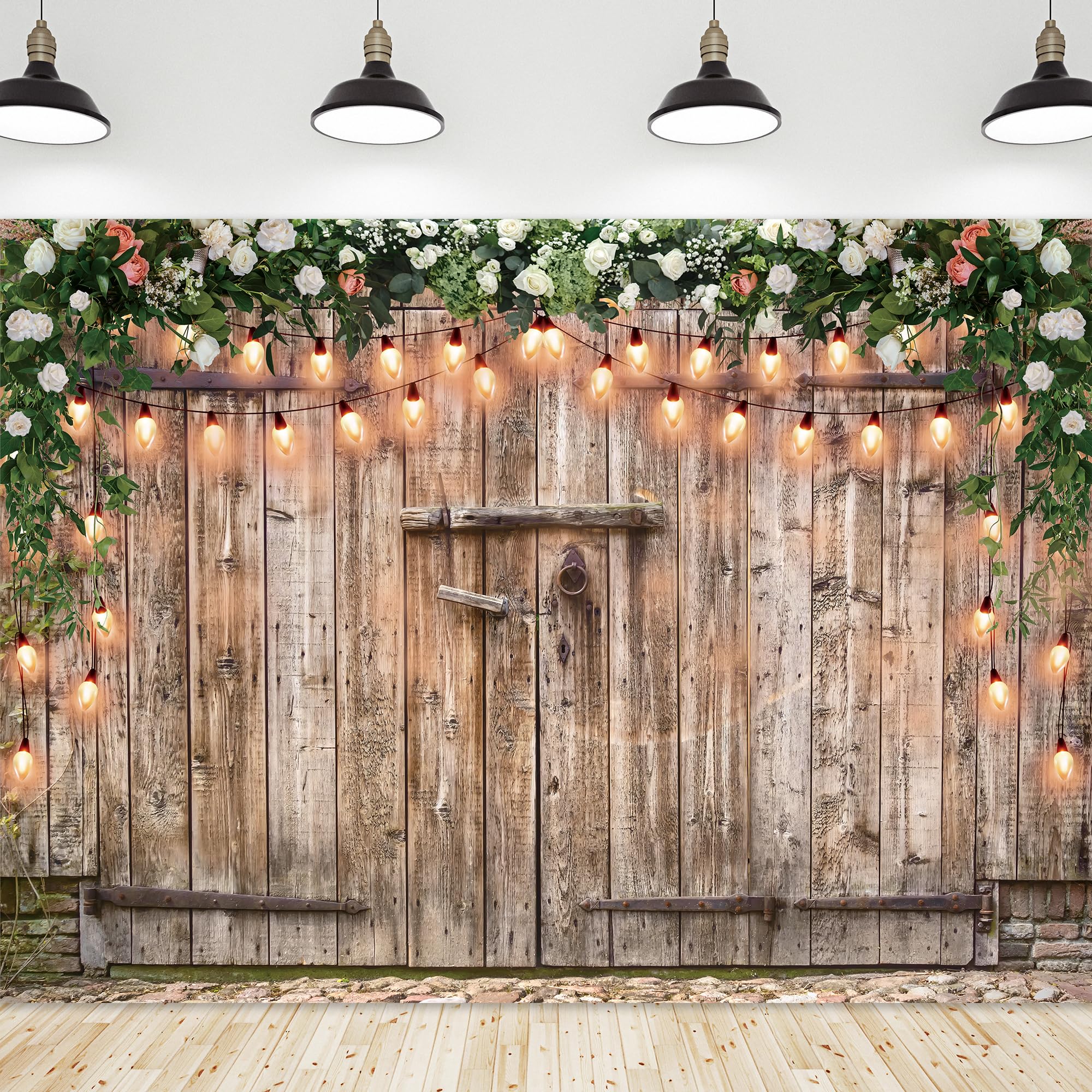Riyidecor Rustic Backdrop Polyester Fabric Barn Door Photography Backgrounds 7Wx5H Feet Western Wood Plank Green Grass Leaves Fl