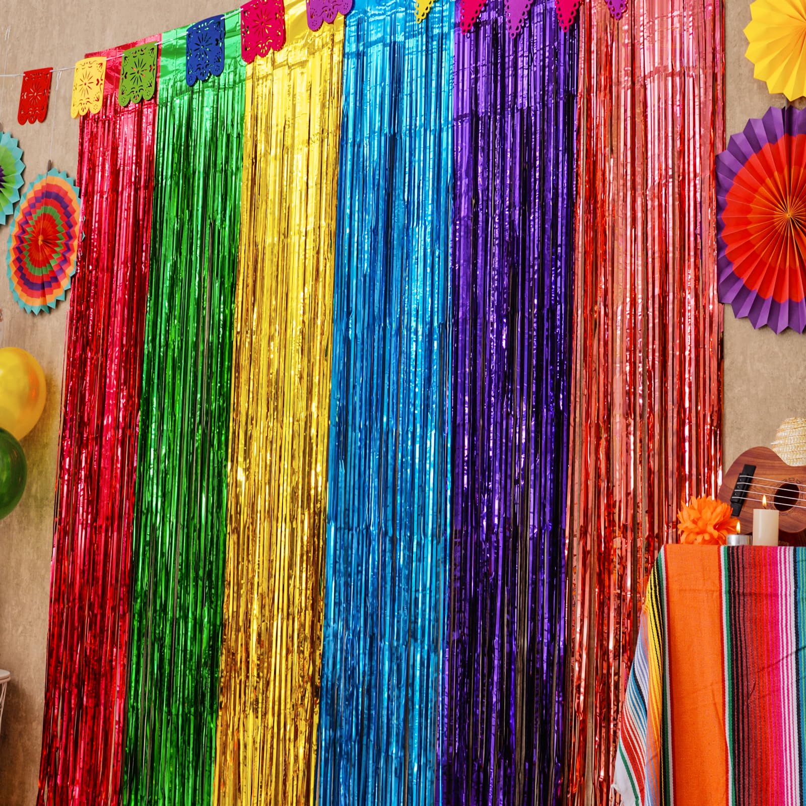 Mega L Fiesta Party Decorations Foil Fringe Curtains Backdrop, 2 Pack Mexican Themed 3.3X6.6Ft Tinsel Streamers Perfect For Spai