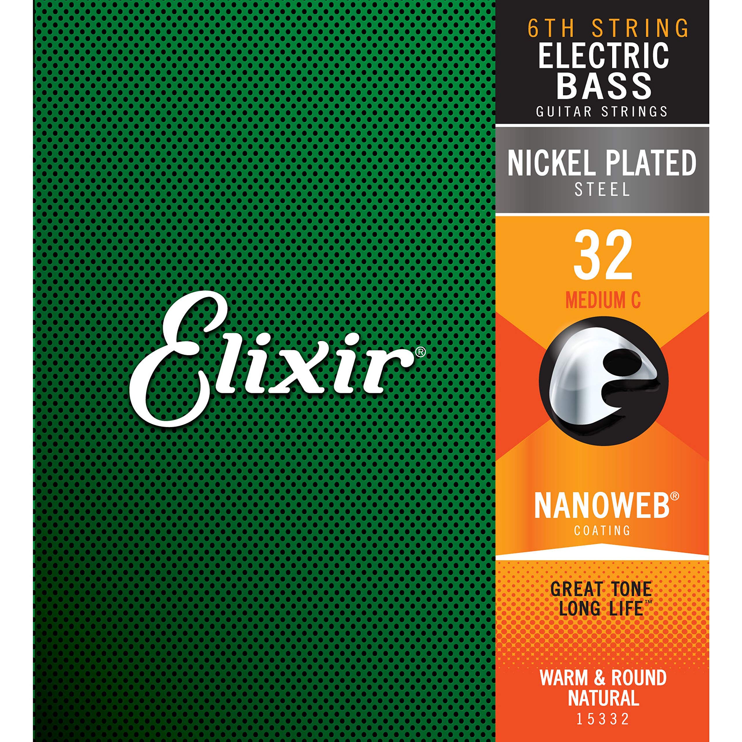 Elixir Strings Nickel Plated Steel With Nanoweb Coating, Custom Bass 6Th String Single, Medium C (.032)