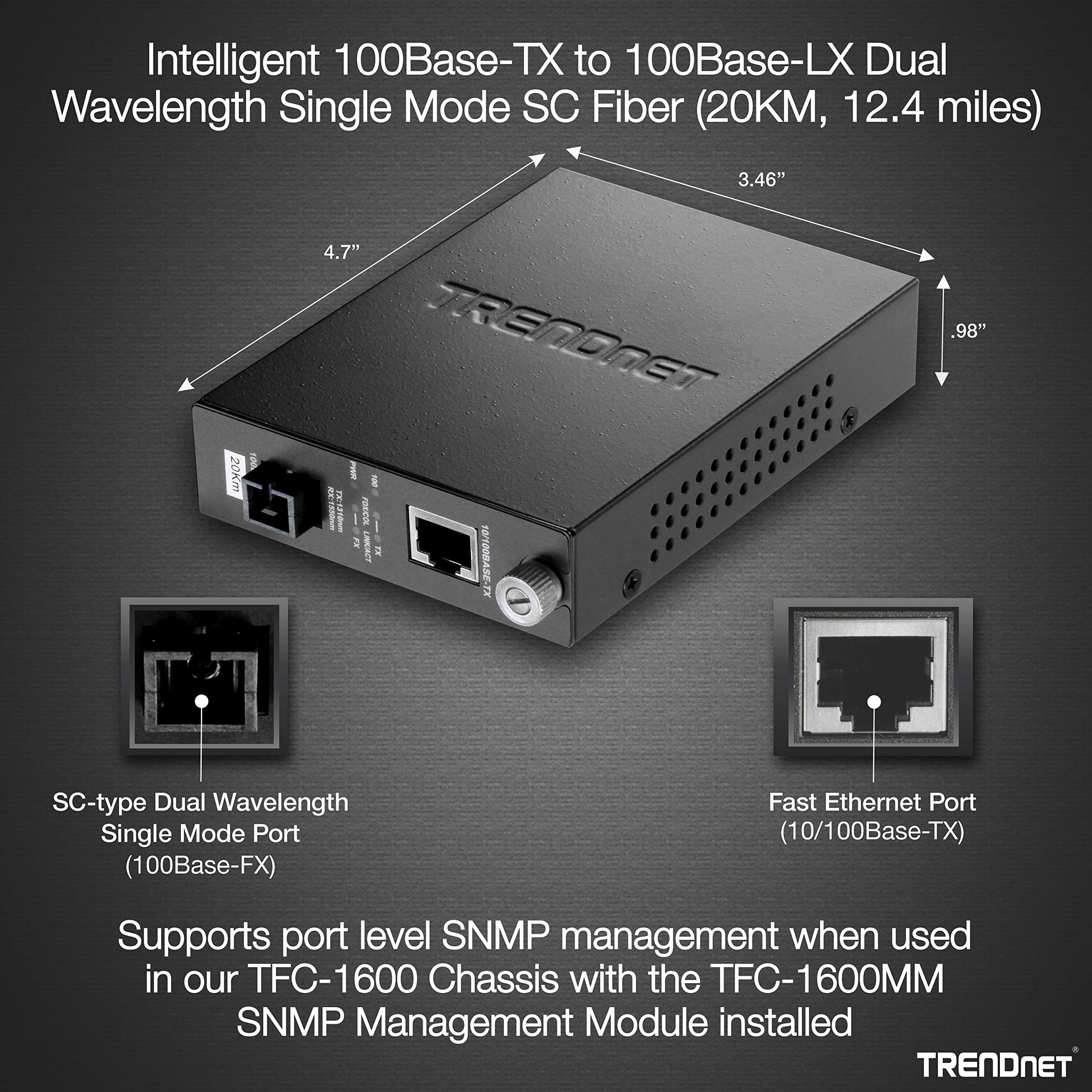 Trendnet Intelligent 100Base Tx To 100Base Fx Dual Wavelength Single Mode Sc Fiber Media Converter (20 Km/12.4 Miles),Fiber Port