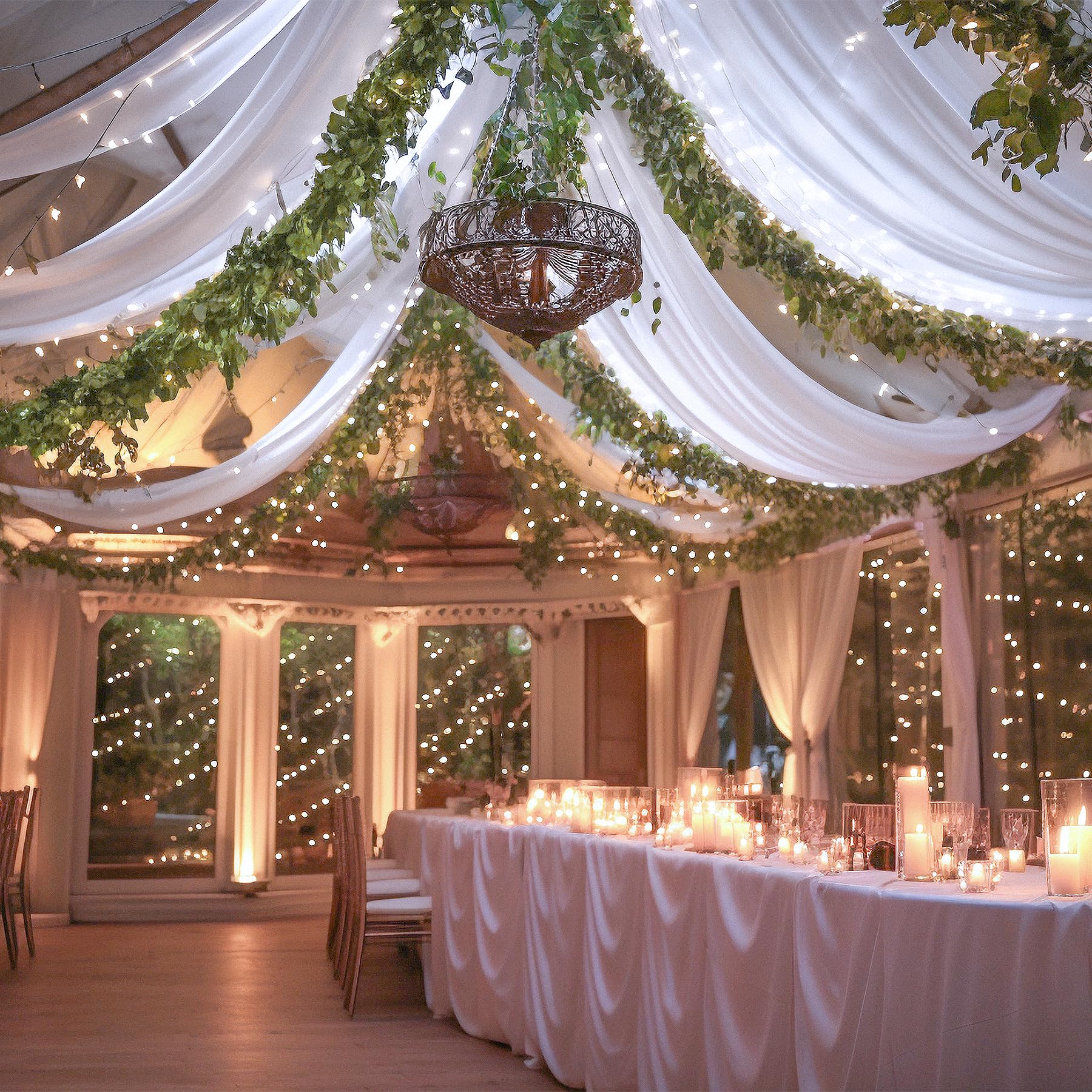 Wish Care White Ceiling Drapes With Lights String For Weddings, 6 Panels 5Ftx10Ft Sheer Tulle Curtain Drapes For Wedding Ceremon