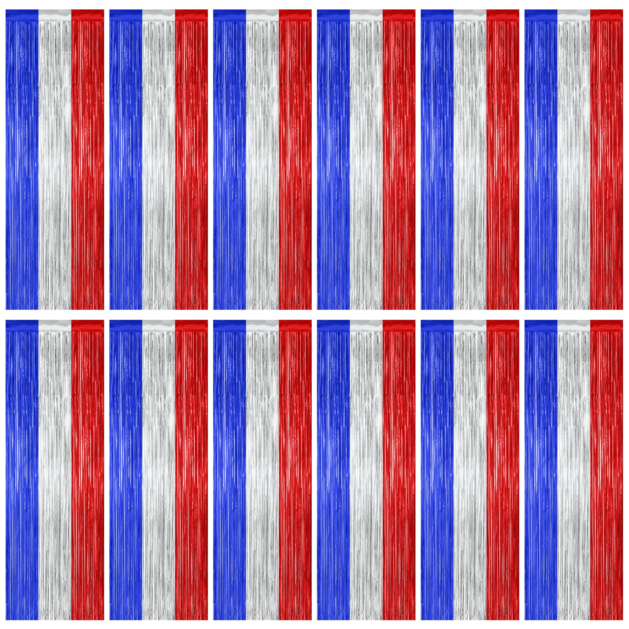 12 Pack 4th of July Decorations, 3.28 FT x 7.05 FT Patriotic Tinsel Backdrop, Metallic Blue Silver Red Fringe Curtains Party Str