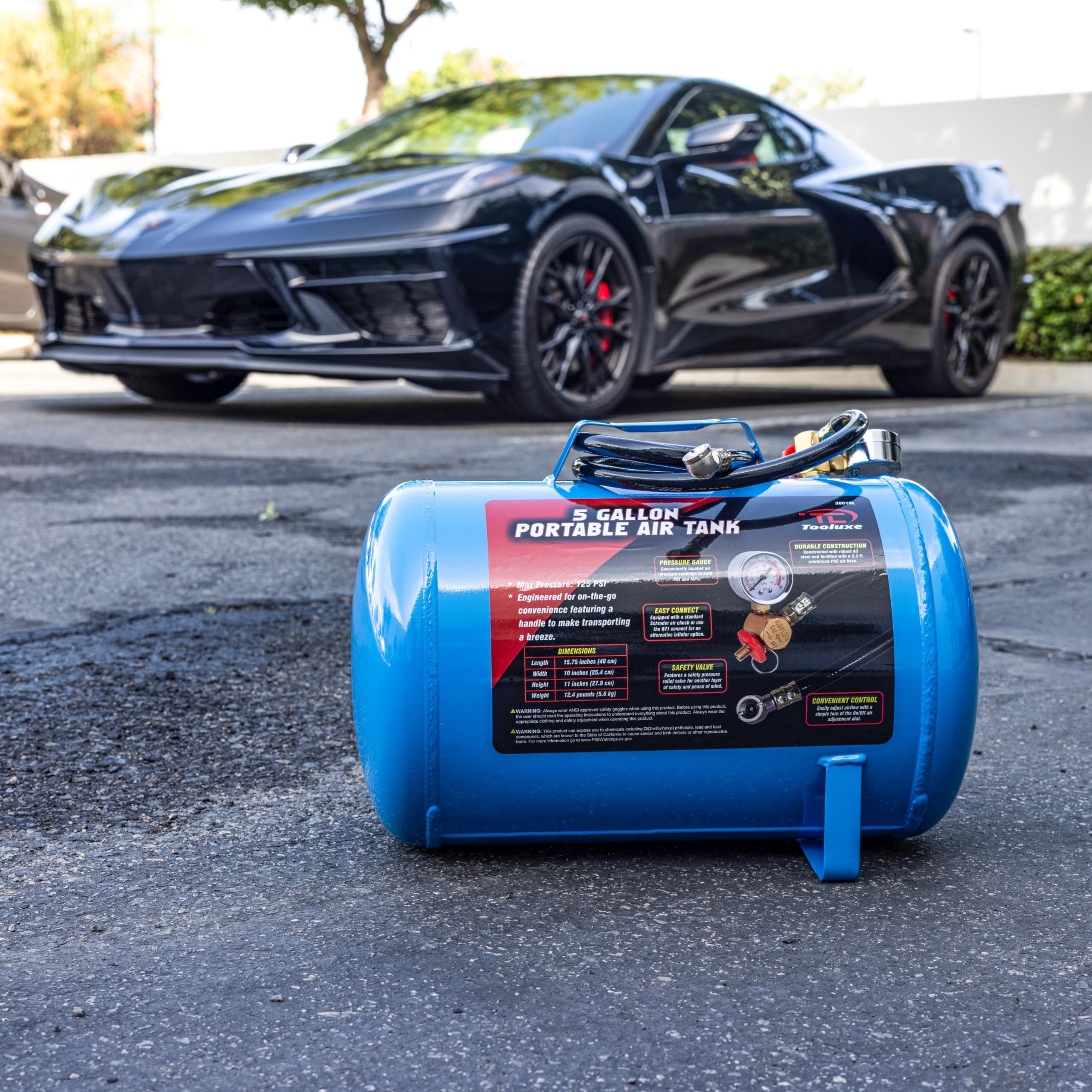 Tooluxe 30010L 5 Gallon Air Tank, Portable Air Tank, 125 Psi Maximum Pressure, Horizontal Air Compressor Tank, 1/4'' Npt 40 Inch