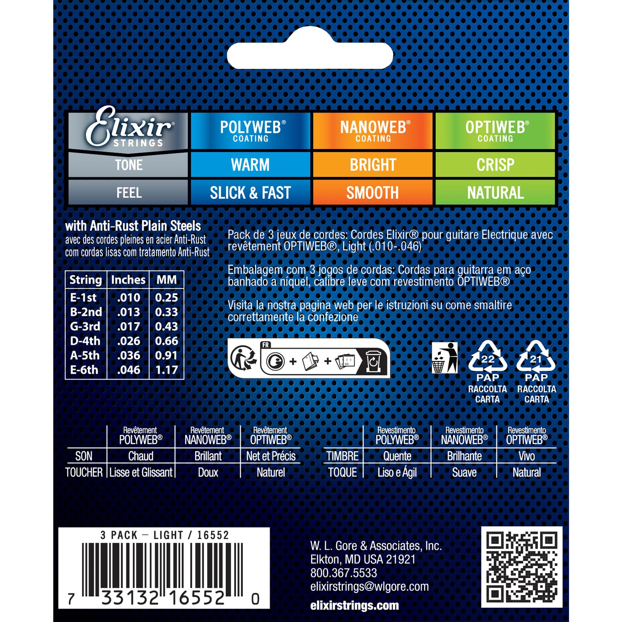 Elixir Strings 16552 Guitar Strings With Optiweb Coating, 3 Pack, Light (.010 .046)