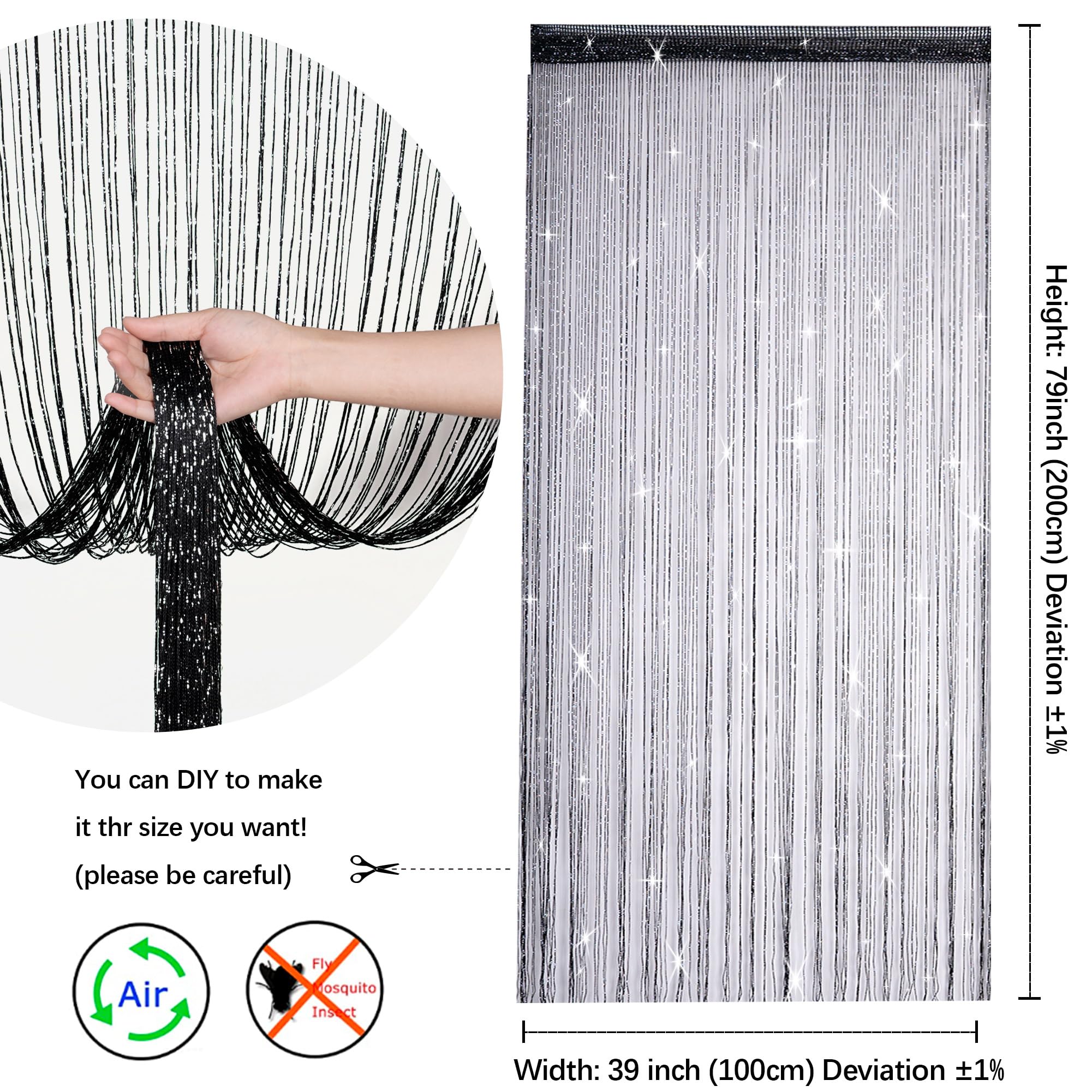 Hysenm 2 Pack Glitter String Curtains 39X79 Inch Fringe Panels Room Divider Fly Screen For Home D  Cor Door Windows Wedding Part