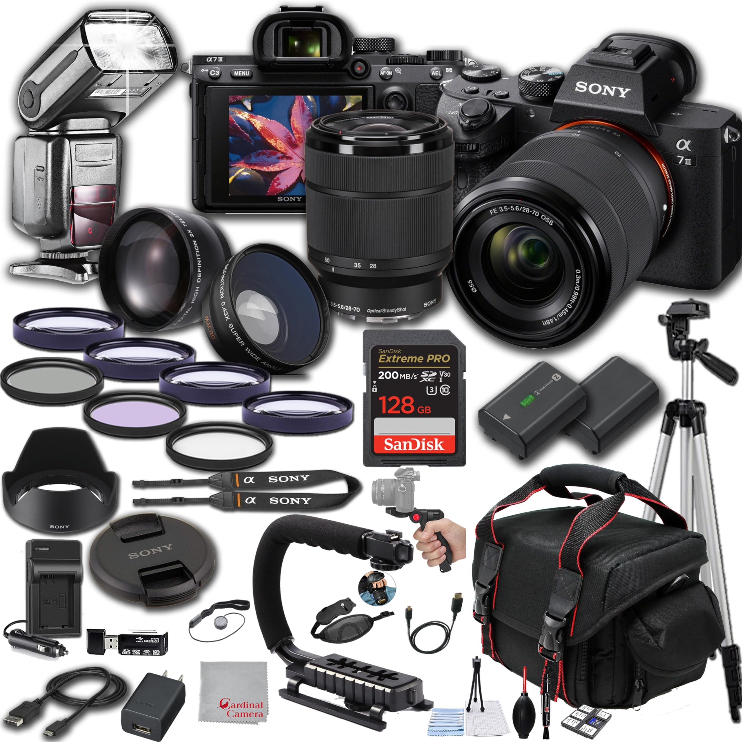 Sony a7 III Mirrorless Digital Camera 24MP w/ 28-70mM Lens, 128GB Extreem Memory, TTL Pro Flash, Filters, Lenses, Case Tripod, G