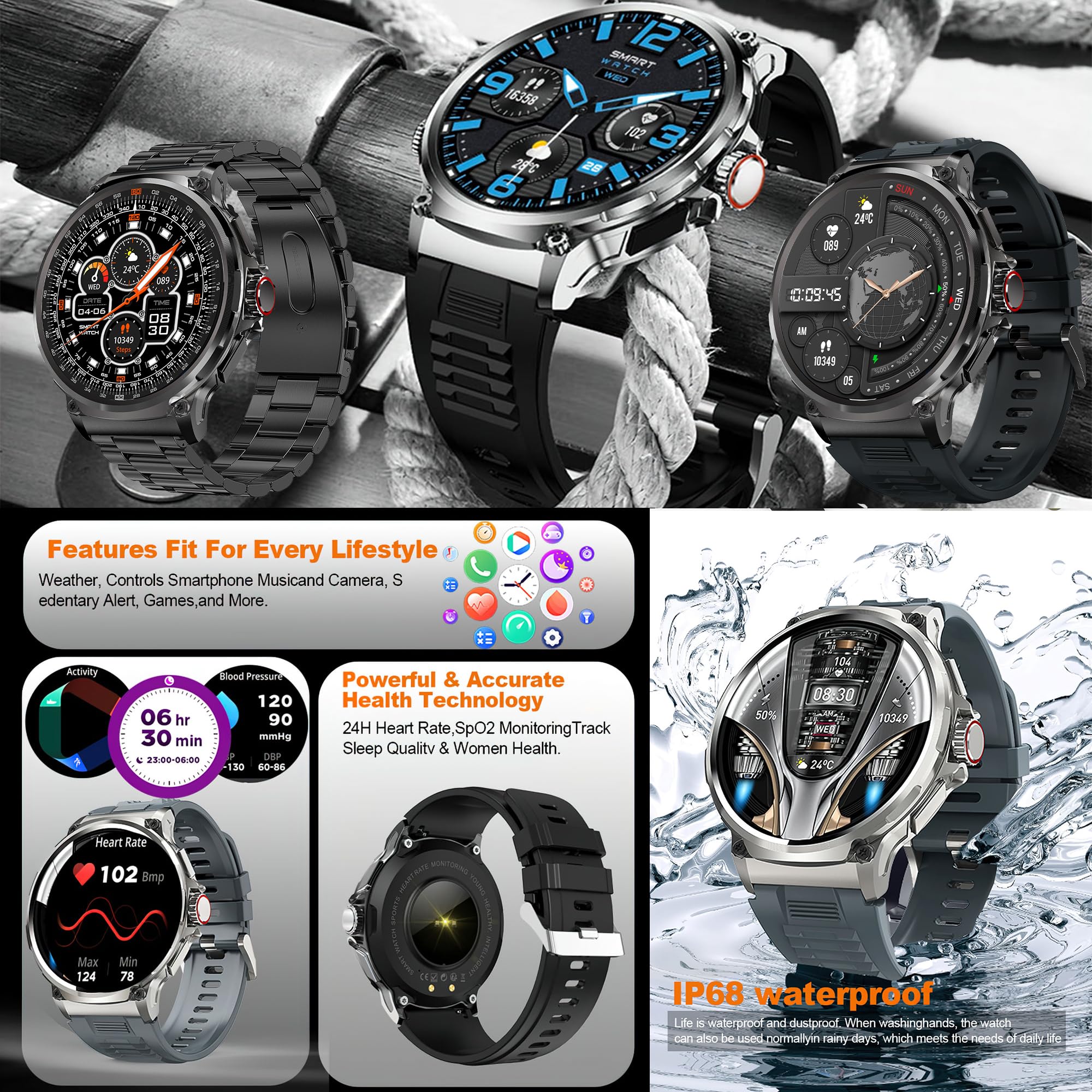 1.85 '' Round Hd Military Smart Watch For Men(Make/Answer Call), 710Mah Battery, Tactical Fitness Tracker Smartwatch For Android