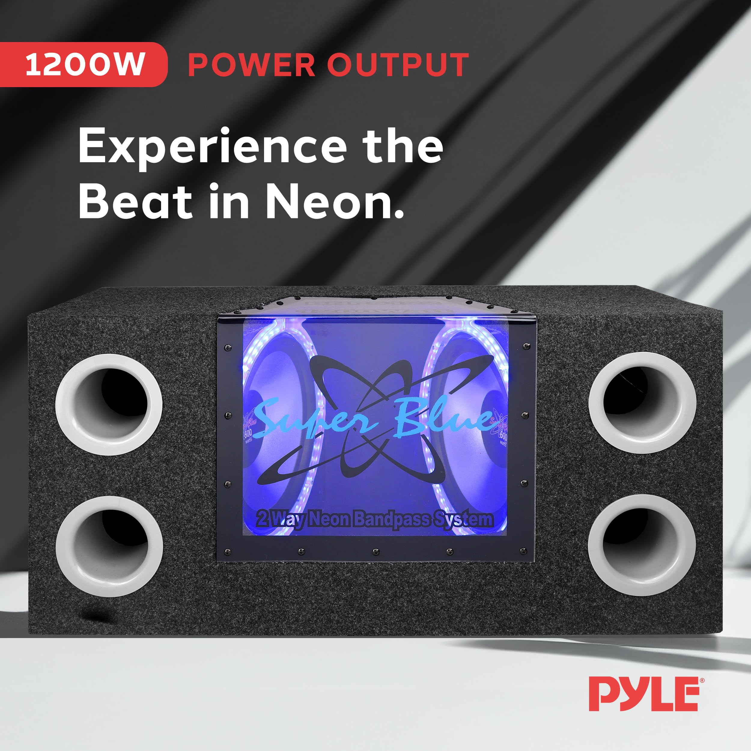 Pyramid 12' 1200W Car Audio Subwoofer   2 Way Neon Bandpass Speaker System W/Blue Lights, Dc 12V Input/4 Ohm/32Hz 1Khz Freq.Res W/Plexi Glass Front Window & Silver Polypropylene Cone