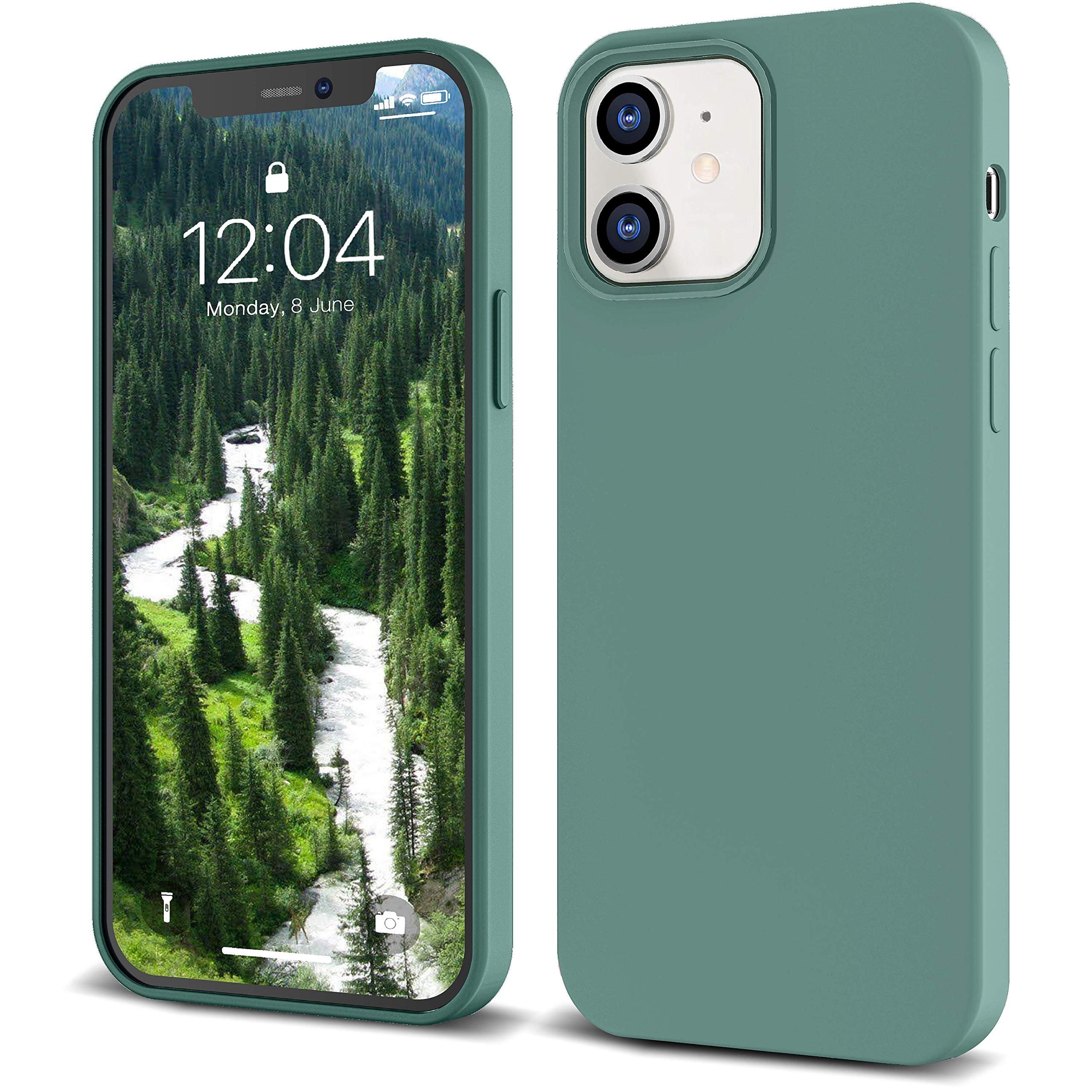 Icesword Iphone 12 Mini Case Pine Green, Thin Liquid Silicone Case, Matte Pure Pine Green, Soft Silk Microfiber Cloth, Gel Rubbe