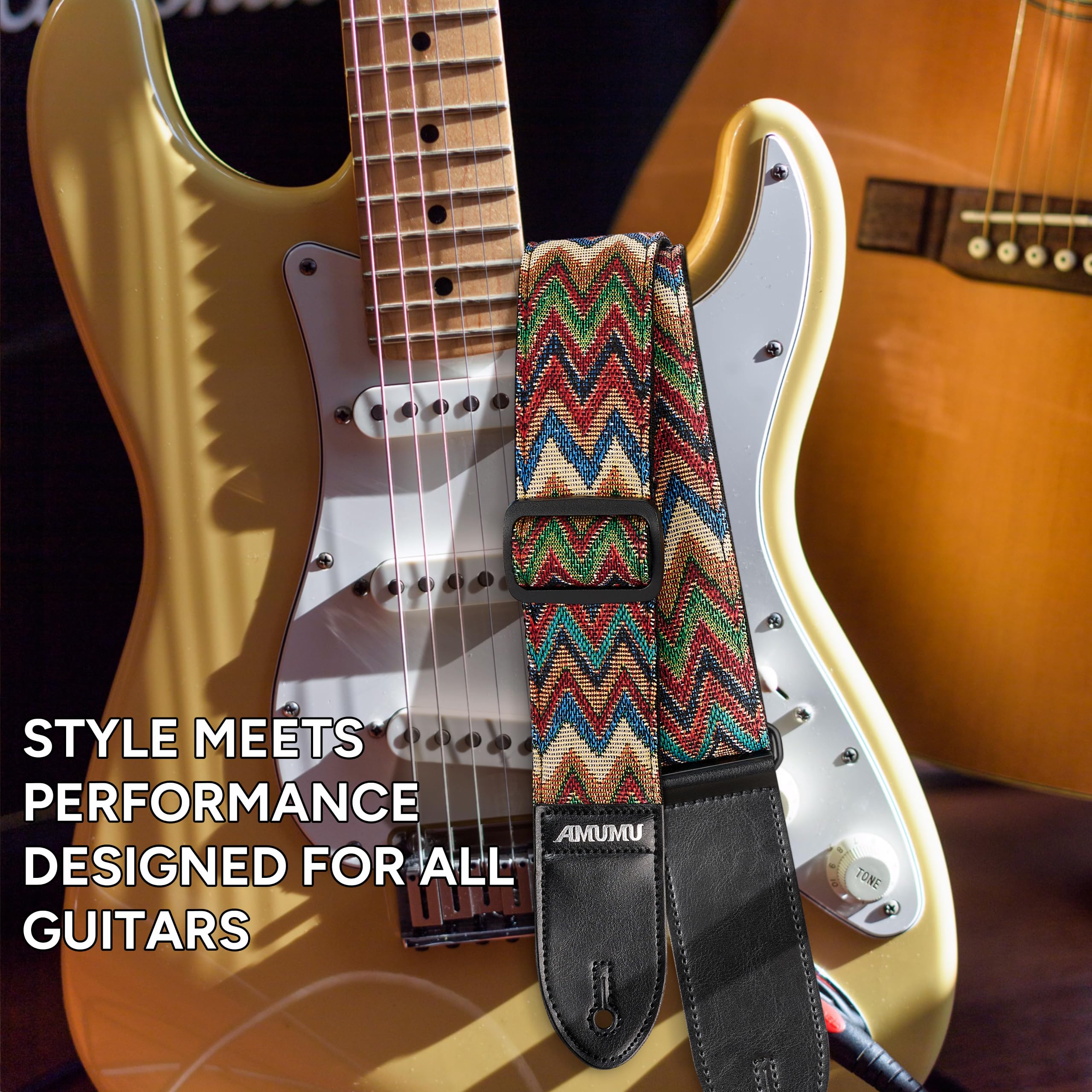 Amumu Chevron Guitar Strap Multicolor For Acoustic Guitar Electric Guitar And Bass Guitar Includes Strap Blocks And Headstock Ti