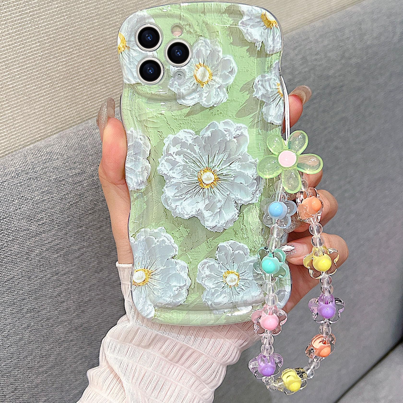 Fxlzcw for iPhone 11 Pro Curly Wavy Case, Cute Colorful Retro Oil Painting Flower Glossy Pattern [with Bead Chain], Slim Fit Sho